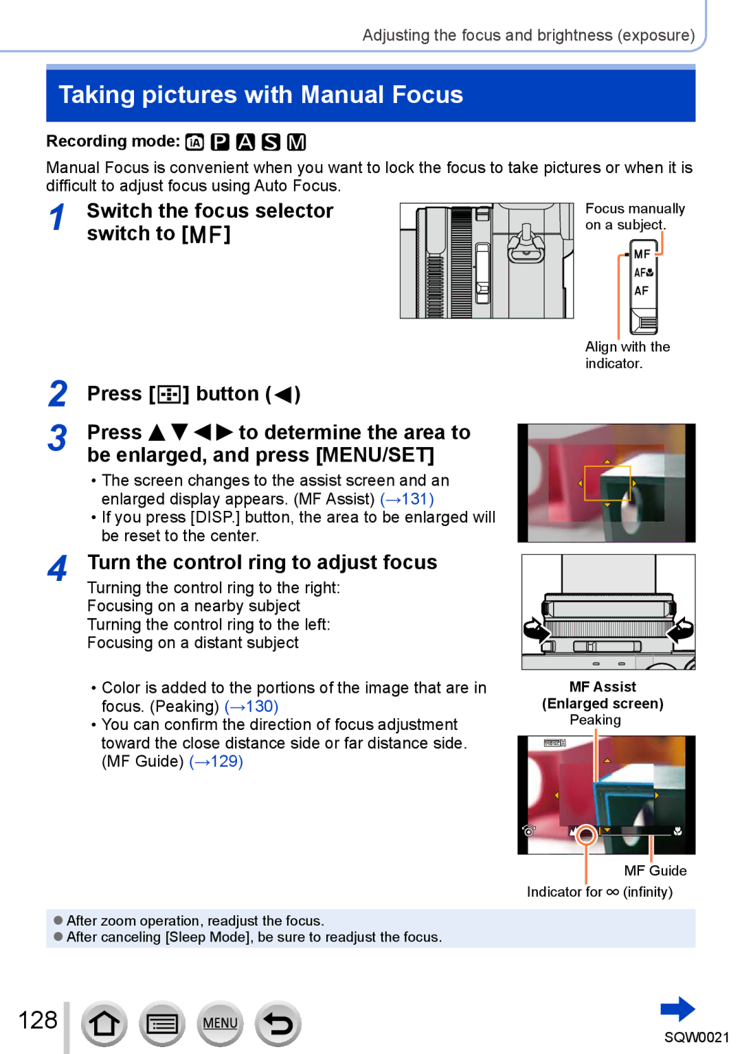 Panasonic DMC-LX100 owner manual Taking pictures with Manual Focus, 128, Switch to, Turn the control ring to adjust focus 