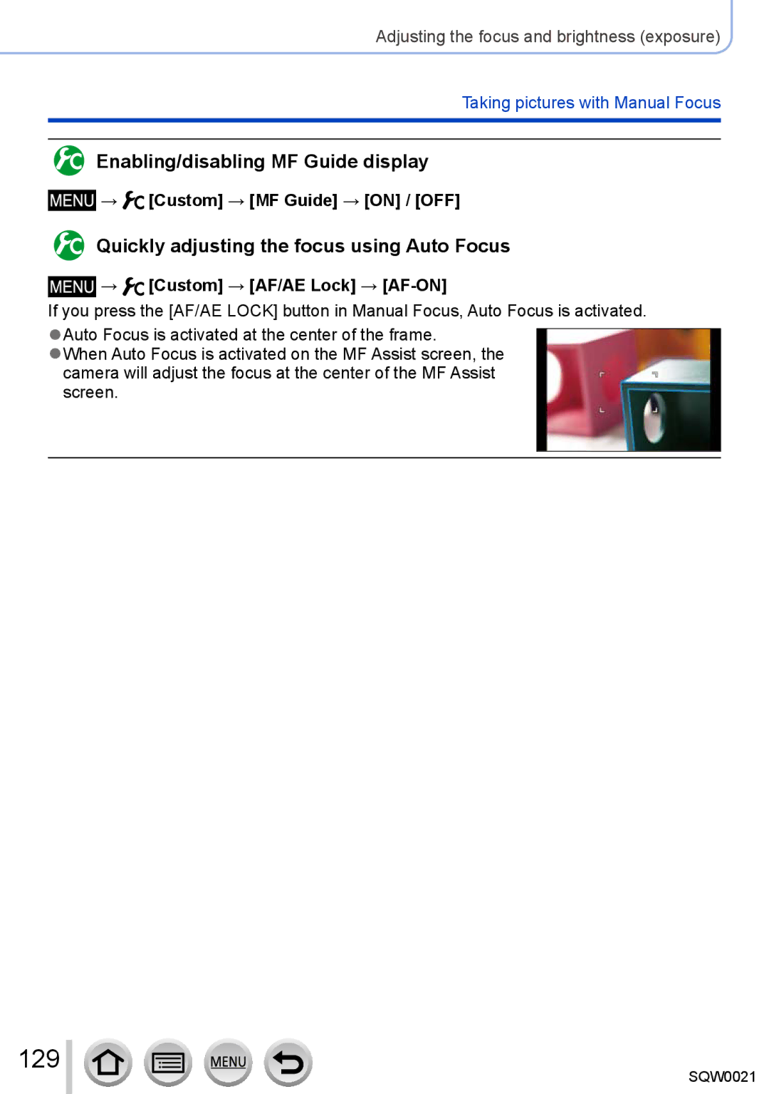 Panasonic DMC-LX100 owner manual 129, Enabling/disabling MF Guide display, Quickly adjusting the focus using Auto Focus 