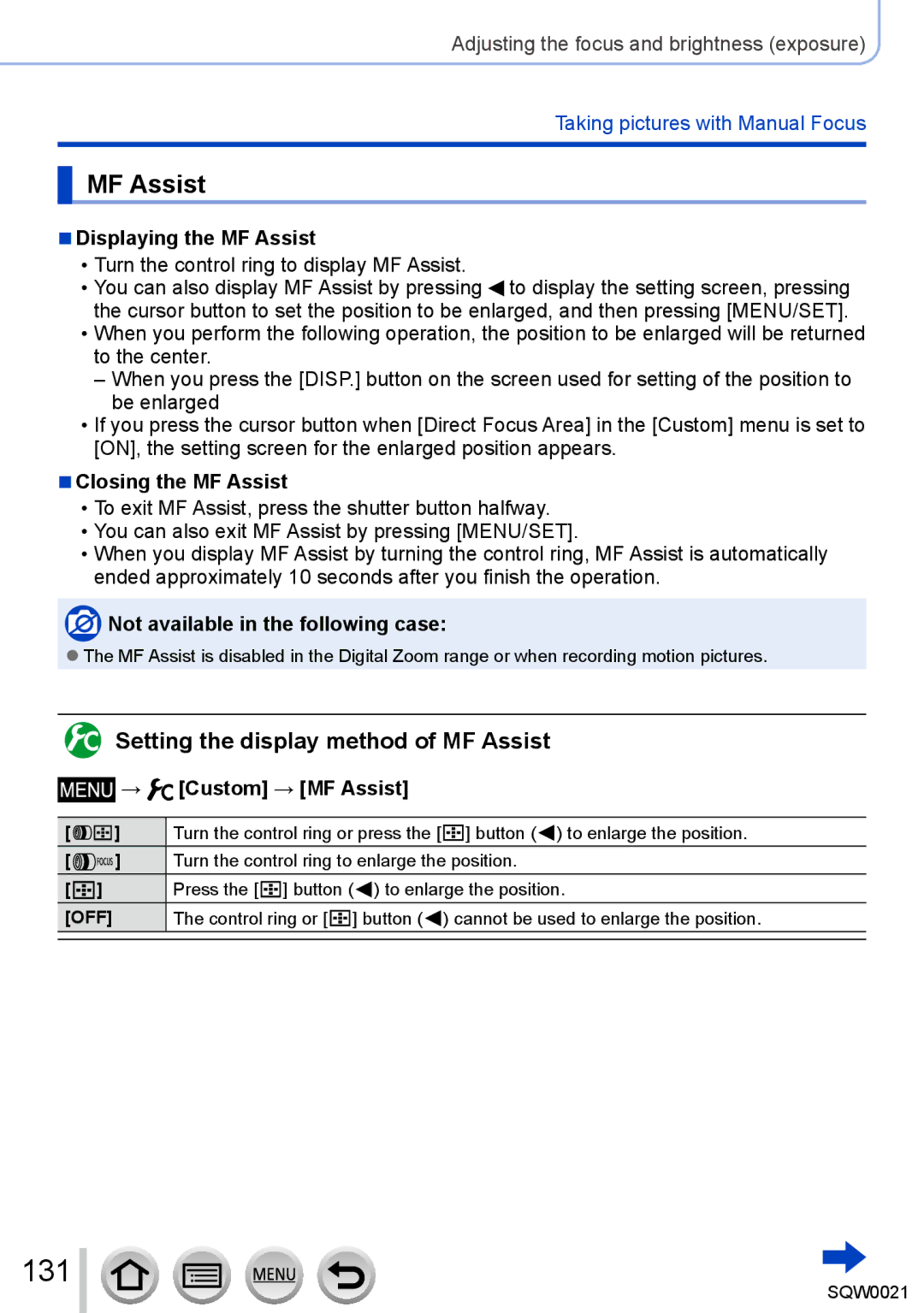 Panasonic DMC-LX100 owner manual 131, Setting the display method of MF Assist 