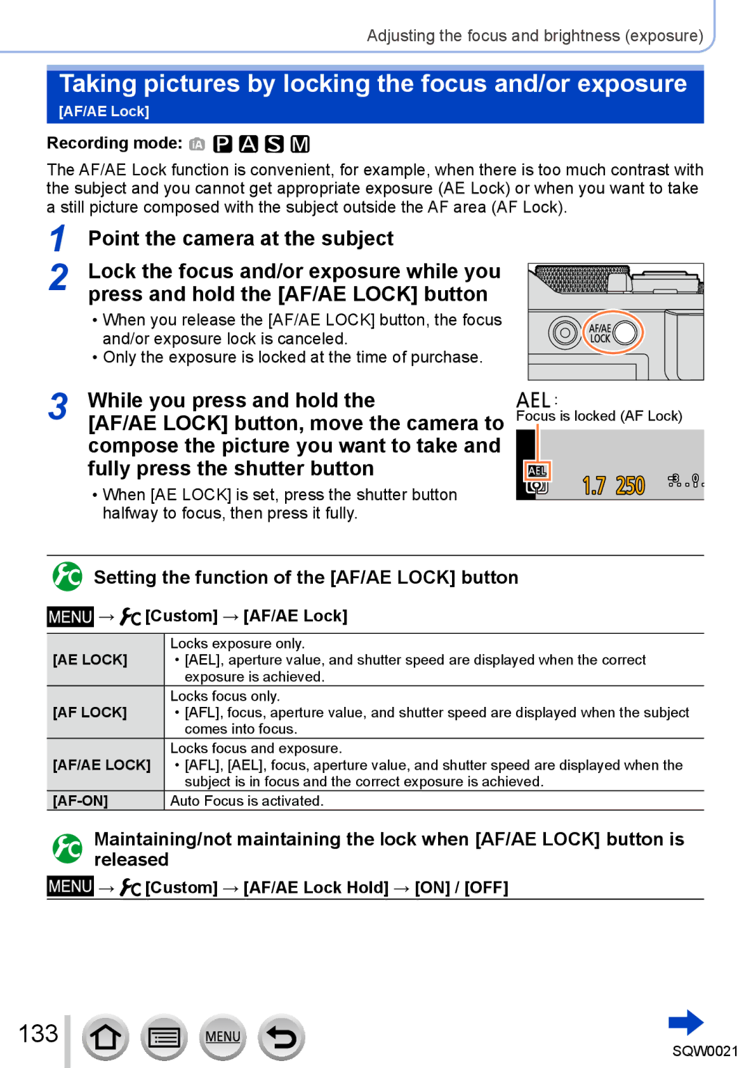 Panasonic DMC-LX100 owner manual Taking pictures by locking the focus and/or exposure, 133, Custom → AF/AE Lock 