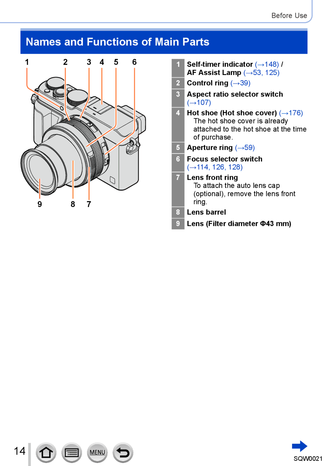 Panasonic DMC-LX100 Names and Functions of Main Parts, Control ring →39 Aspect ratio selector switch, Lens front ring 