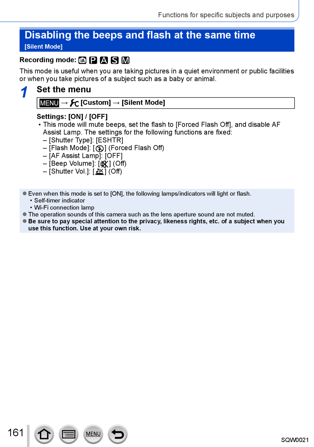 Panasonic DMC-LX100 Disabling the beeps and flash at the same time, 161, → Custom → Silent Mode Settings on / OFF 