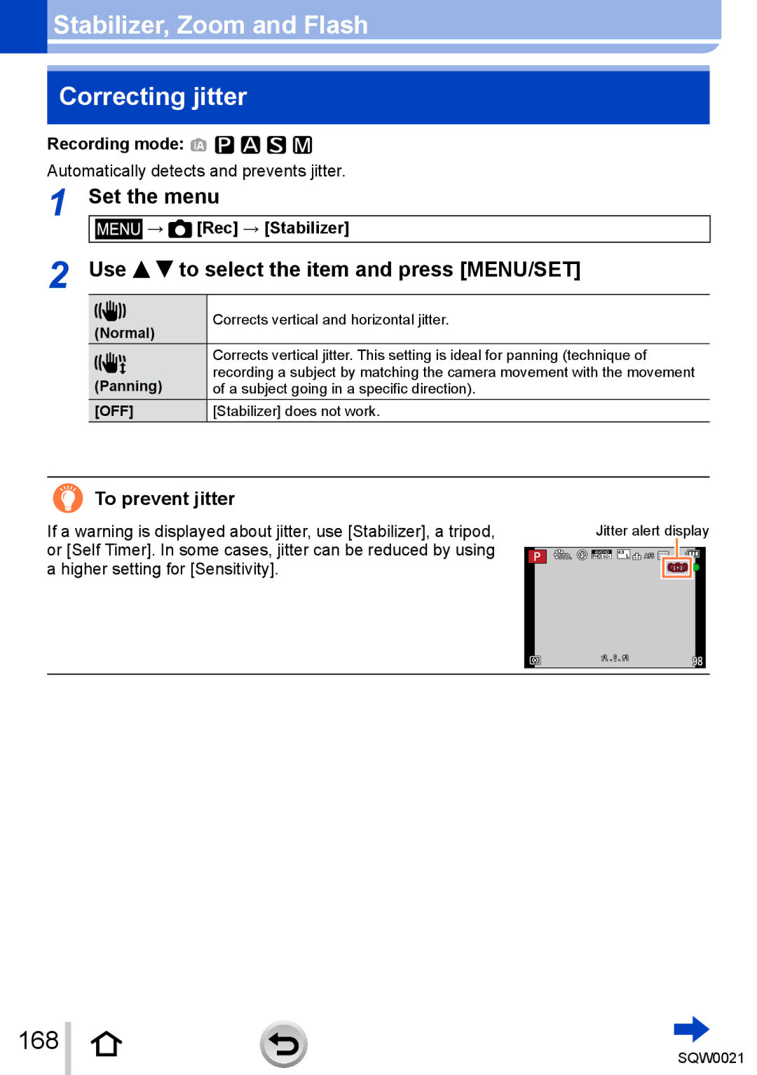 Panasonic DMC-LX100 Stabilizer, Zoom and Flash Correcting jitter, 168, Use to select the item and press MENU/SET 