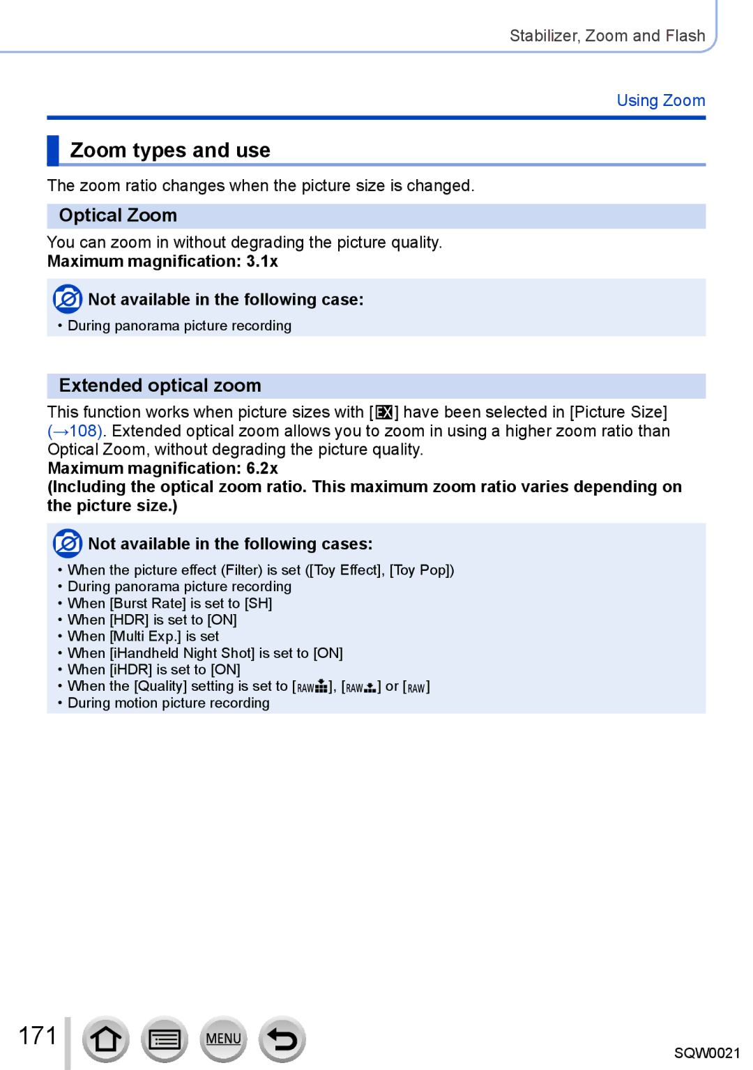 Panasonic DMC-LX100 owner manual 171, Zoom types and use, Optical Zoom, Extended optical zoom 