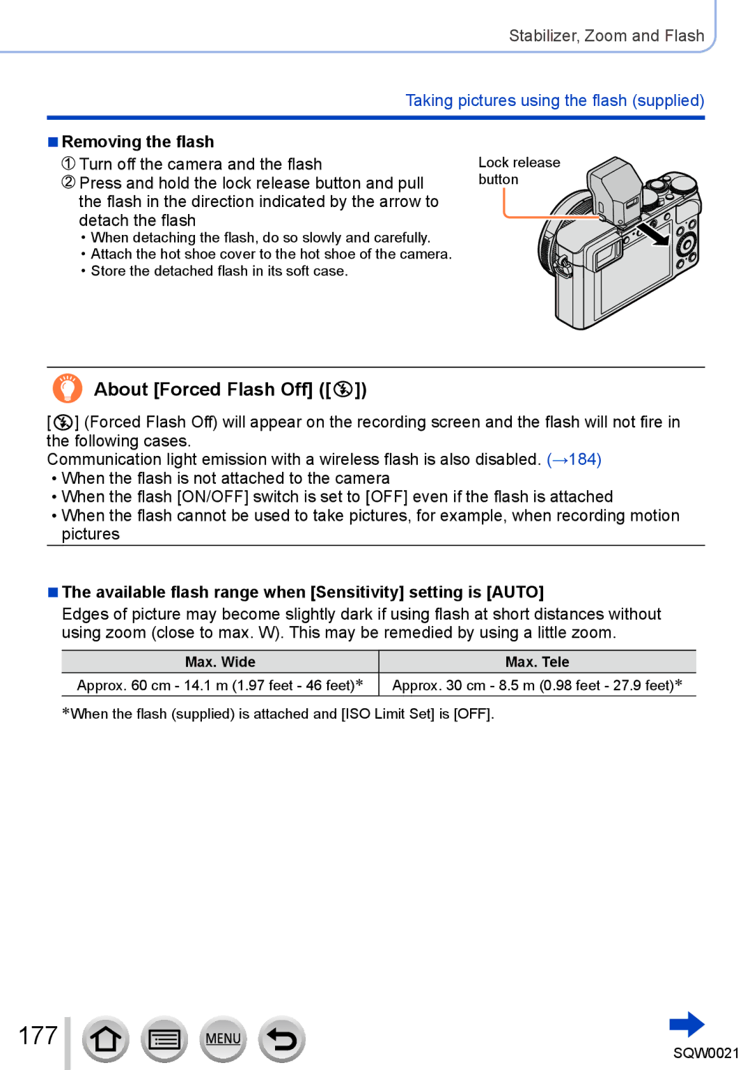 Panasonic DMC-LX100 owner manual 177, About Forced Flash Off, Removing the flash, Max. Wide Max. Tele 