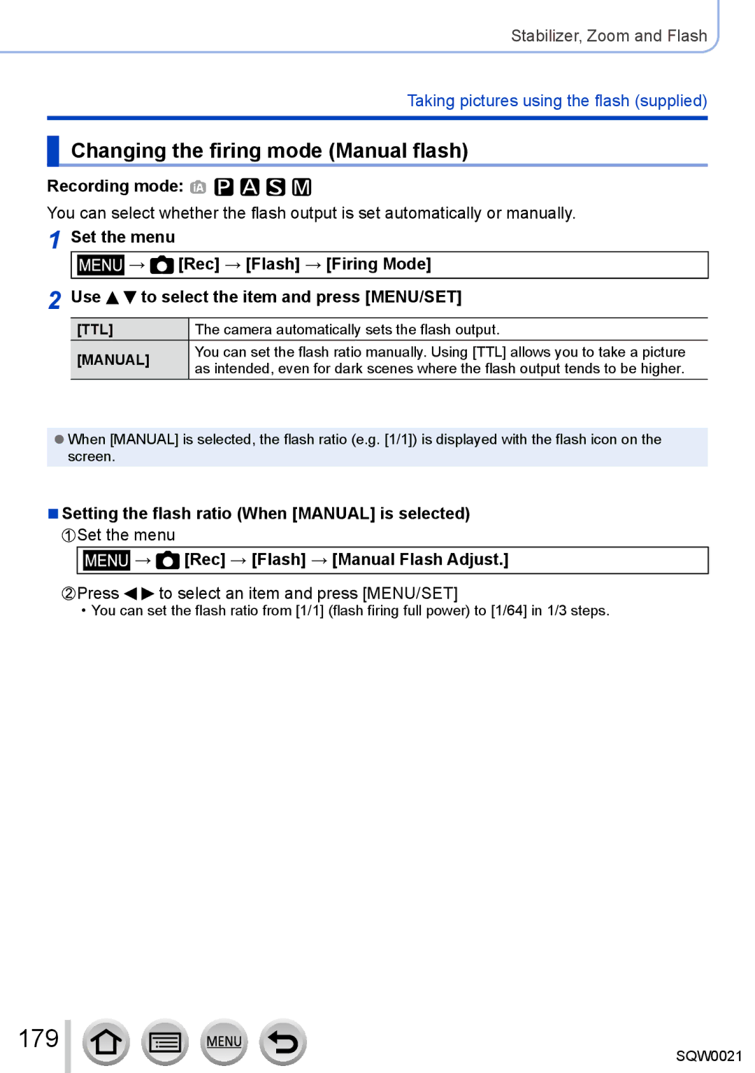 Panasonic DMC-LX100 179, Changing the firing mode Manual flash, Setting the flash ratio When Manual is selected 