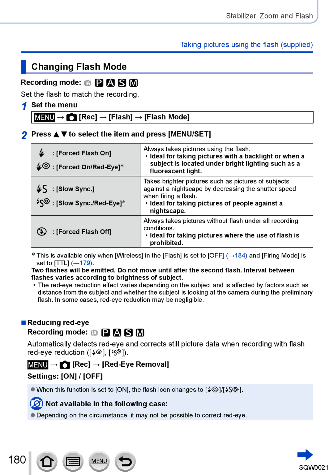 Panasonic DMC-LX100 180, Changing Flash Mode, Set the flash to match the recording, Reducing red-eye Recording mode 