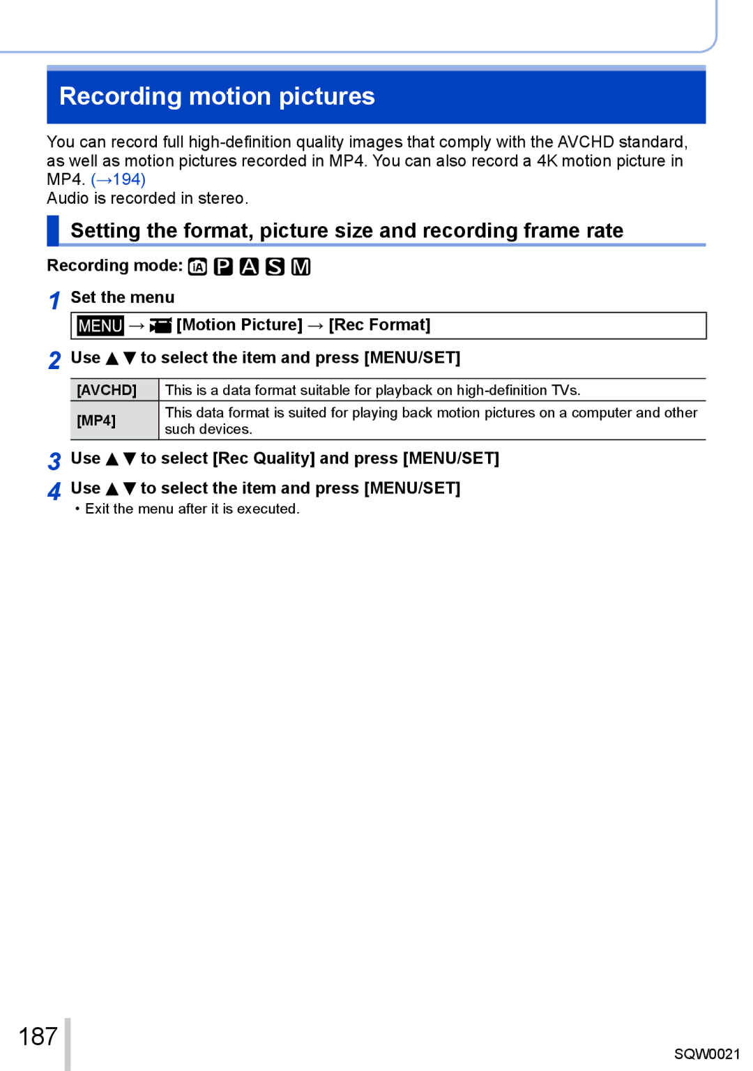 Panasonic DMC-LX100 owner manual 187, Setting the format, picture size and recording frame rate 