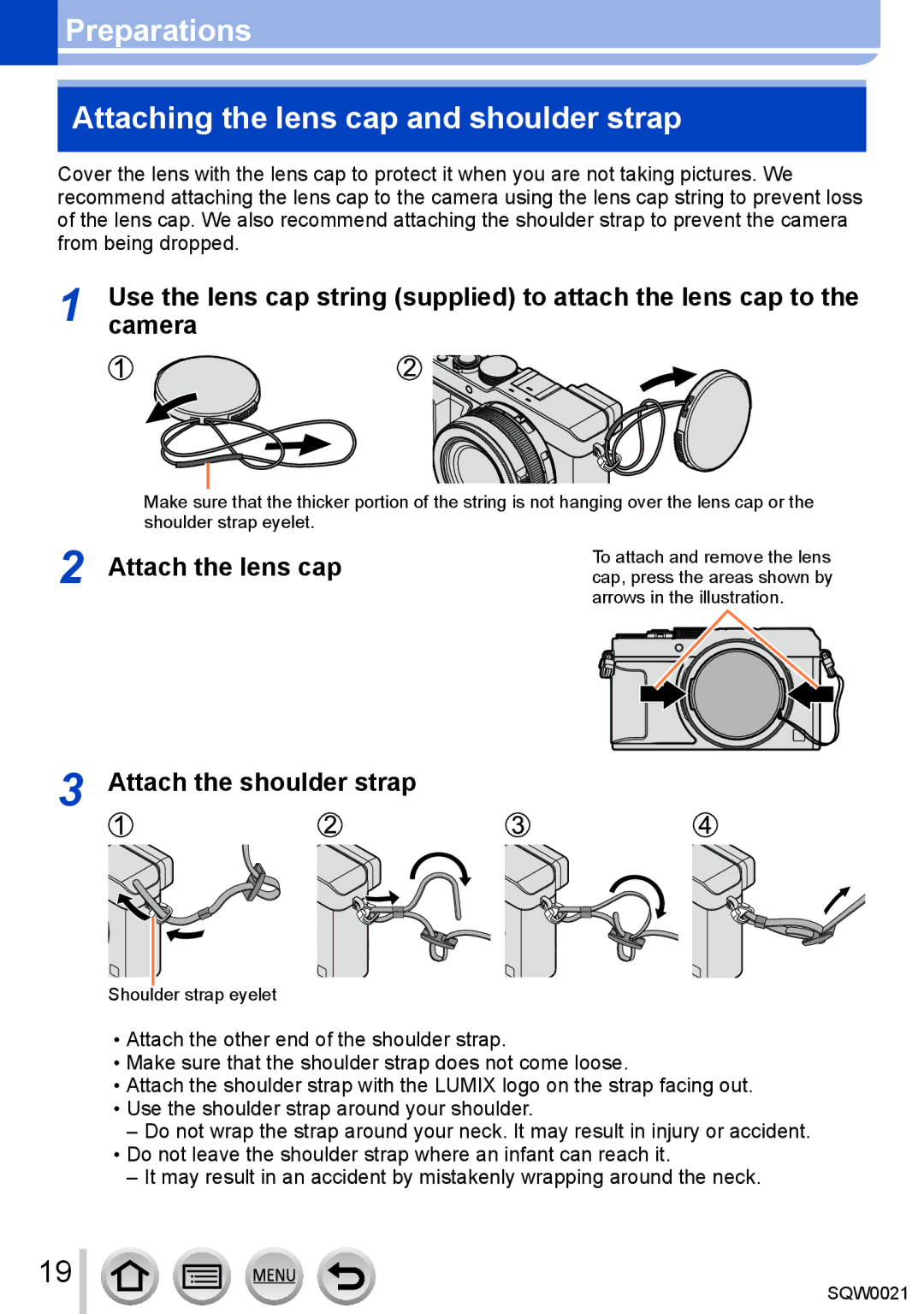 Panasonic DMC-LX100 Preparations Attaching the lens cap and shoulder strap, Attach the lens cap, Attach the shoulder strap 