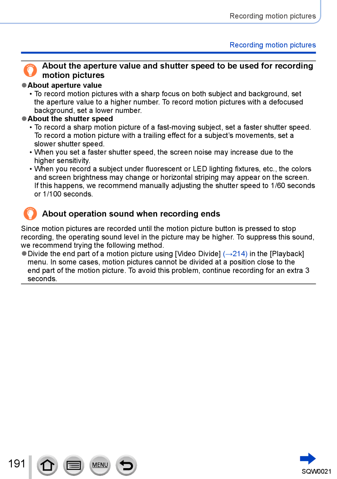 Panasonic DMC-LX100 191, About operation sound when recording ends, About aperture value, About the shutter speed 