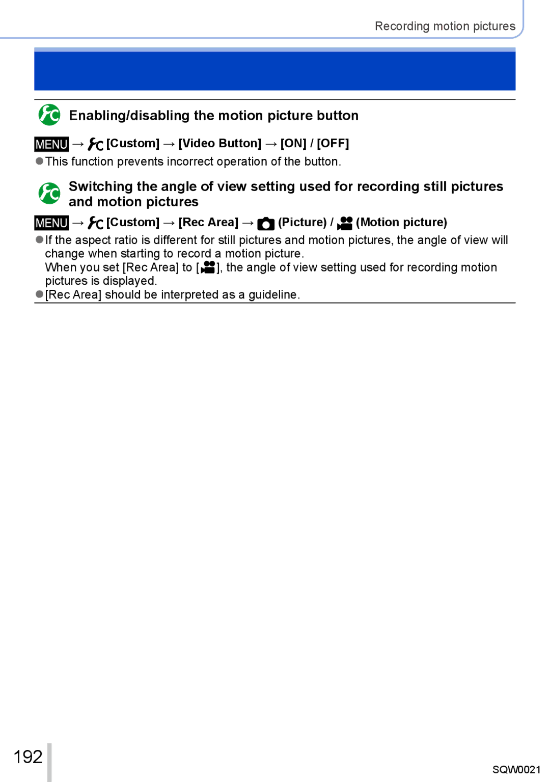 Panasonic DMC-LX100 owner manual 192, Enabling/disabling the motion picture button, → Custom → Video Button → on / OFF 