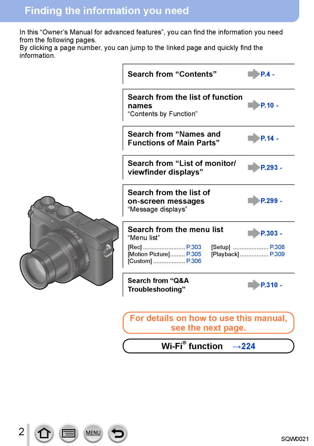 Panasonic DMC-LX100 owner manual Finding the information you need, Wi-Fifunction →224, Search from the menu list 