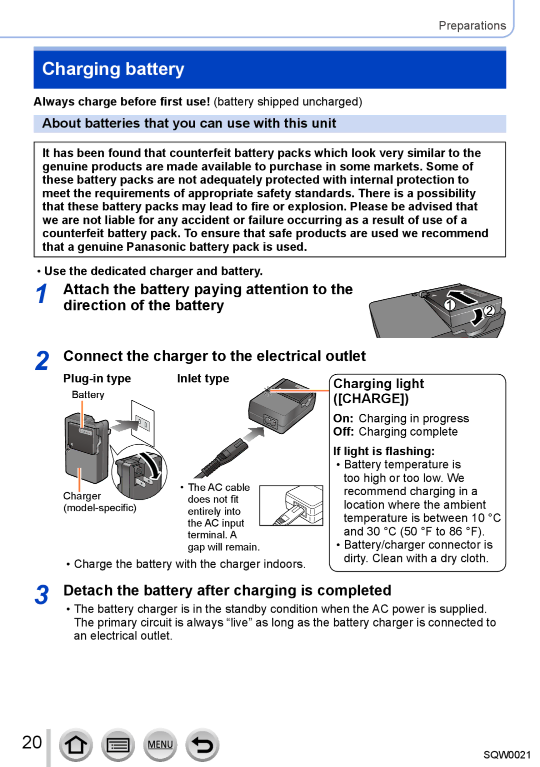 Panasonic DMC-LX100 owner manual Charging battery, Detach the battery after charging is completed, Charging light 