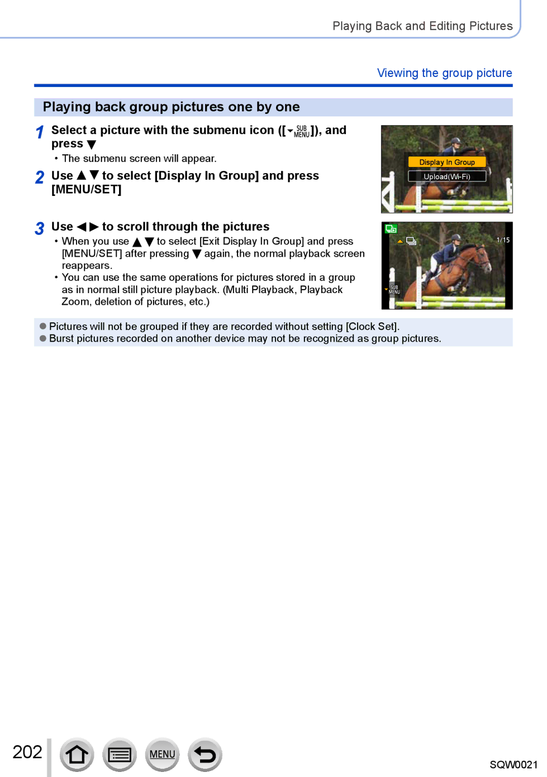 Panasonic DMC-LX100 owner manual 202, Playing back group pictures one by one, PressSelect a picture with the submenu icon 