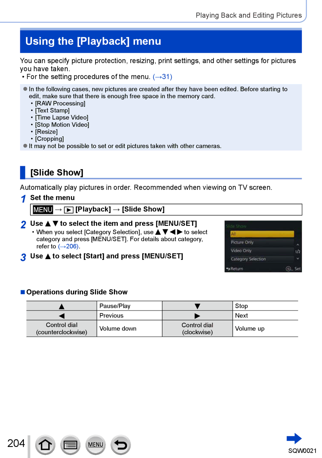 Panasonic DMC-LX100 owner manual Using the Playback menu, 204, Slide Show 