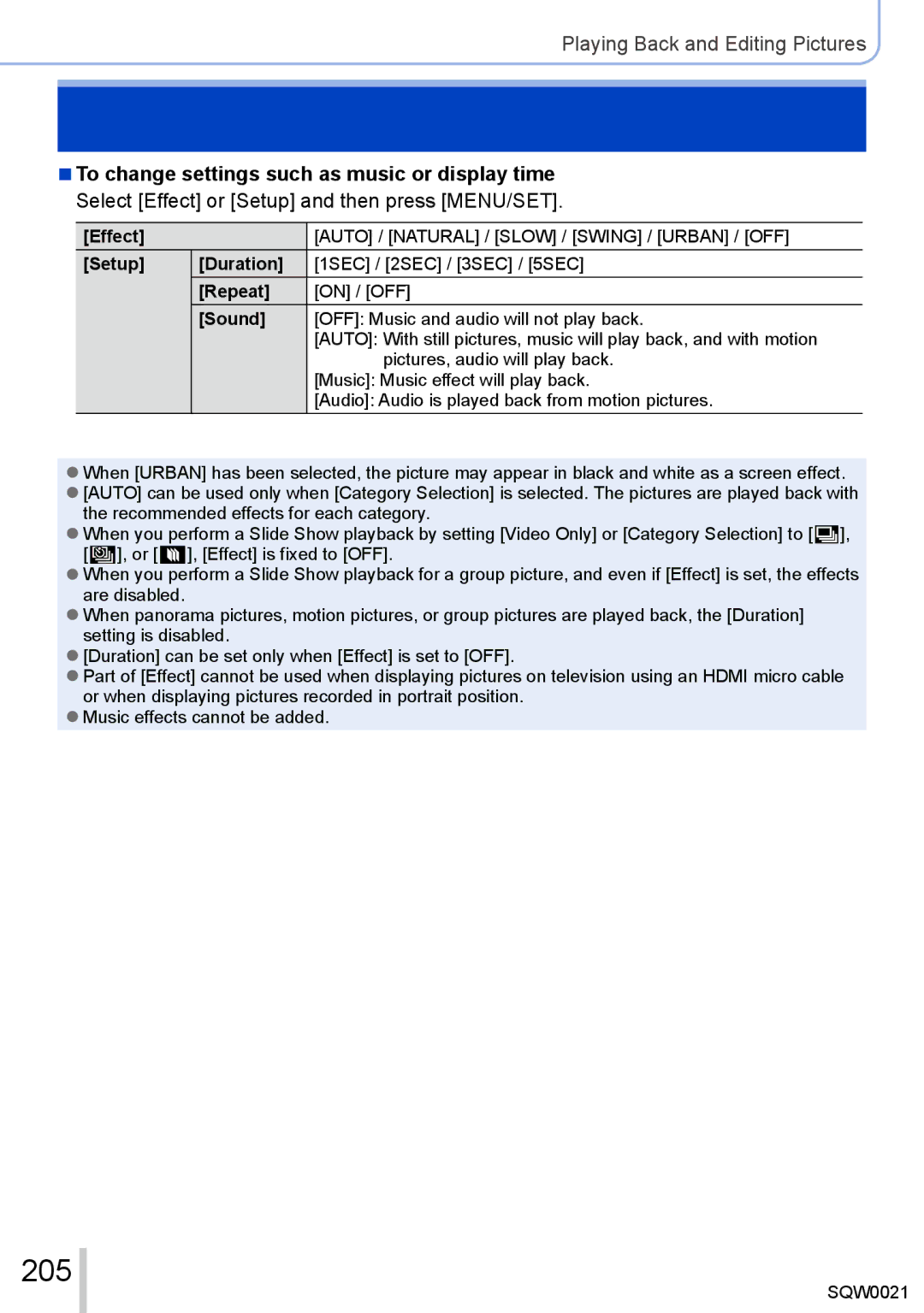 Panasonic DMC-LX100 205, To change settings such as music or display time, Select Effect or Setup and then press MENU/SET 