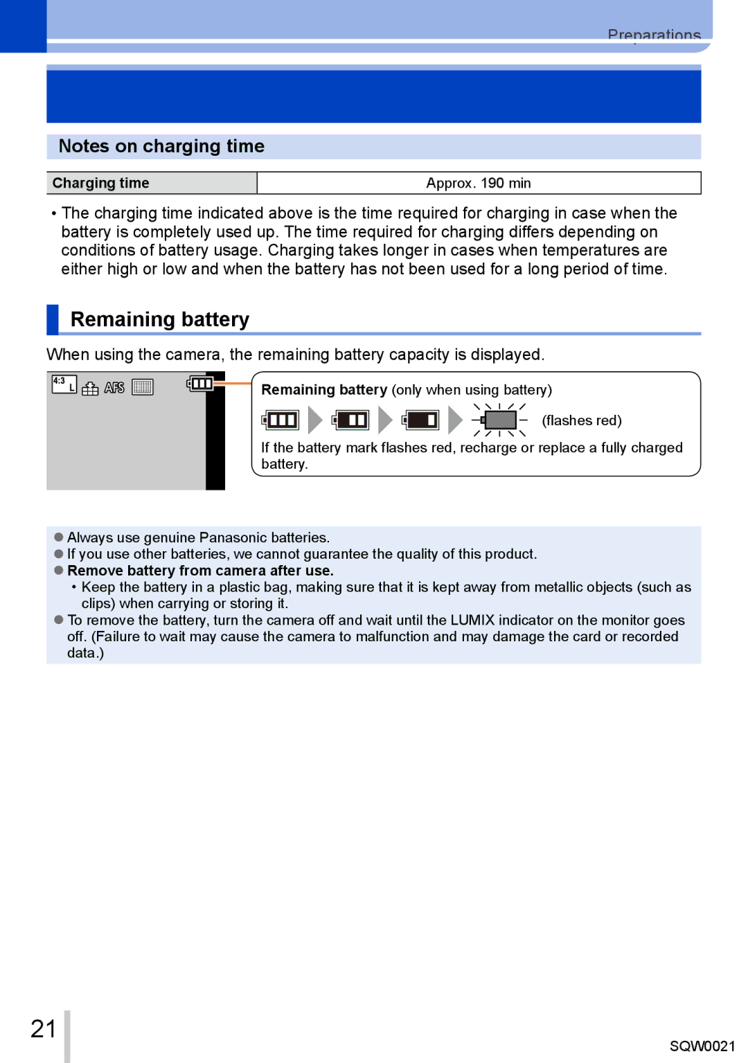 Panasonic DMC-LX100 owner manual Remaining battery, Charging time 