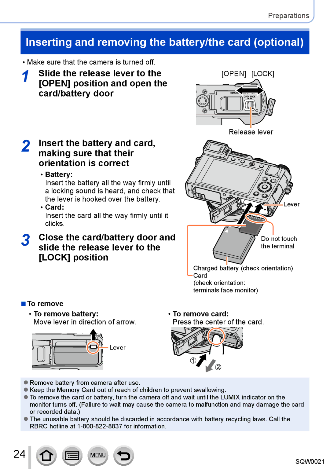 Panasonic DMC-LX100 owner manual Inserting and removing the battery/the card optional, Battery, Card 