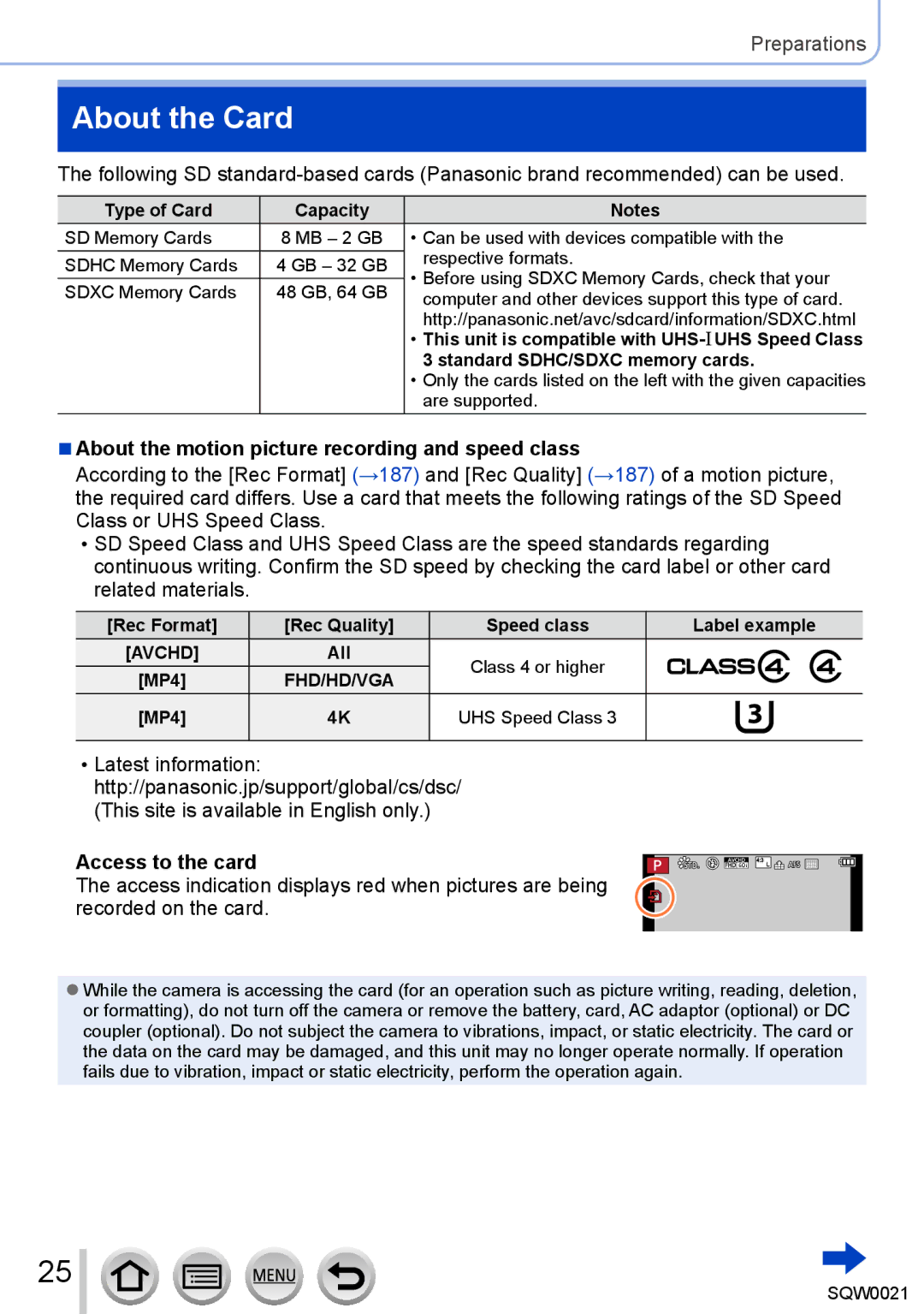 Panasonic DMC-LX100 About the Card, About the motion picture recording and speed class, Access to the card, Avchd 