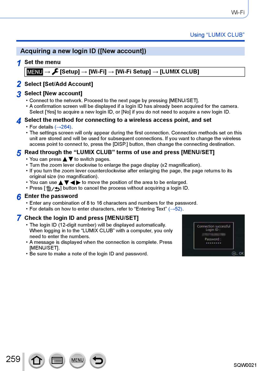 Panasonic DMC-LX100 259, Acquiring a new login ID New account, Read through the Lumix Club terms of use and press MENU/SET 