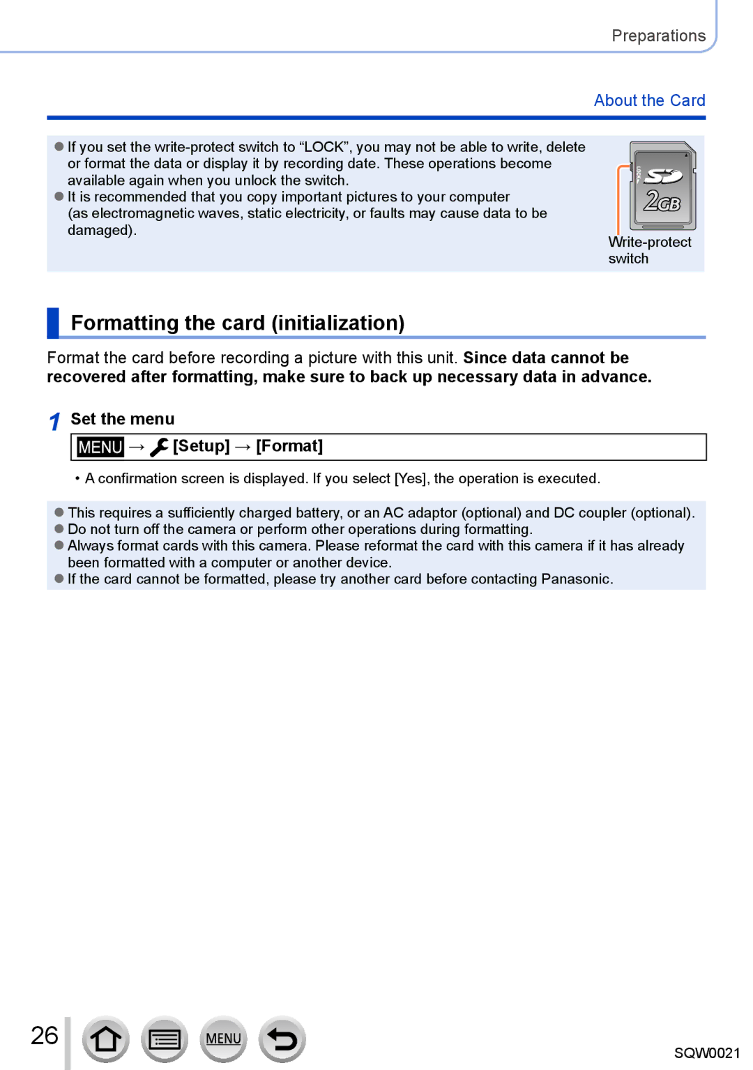 Panasonic DMC-LX100 owner manual Formatting the card initialization, Set the menu → Setup → Format 