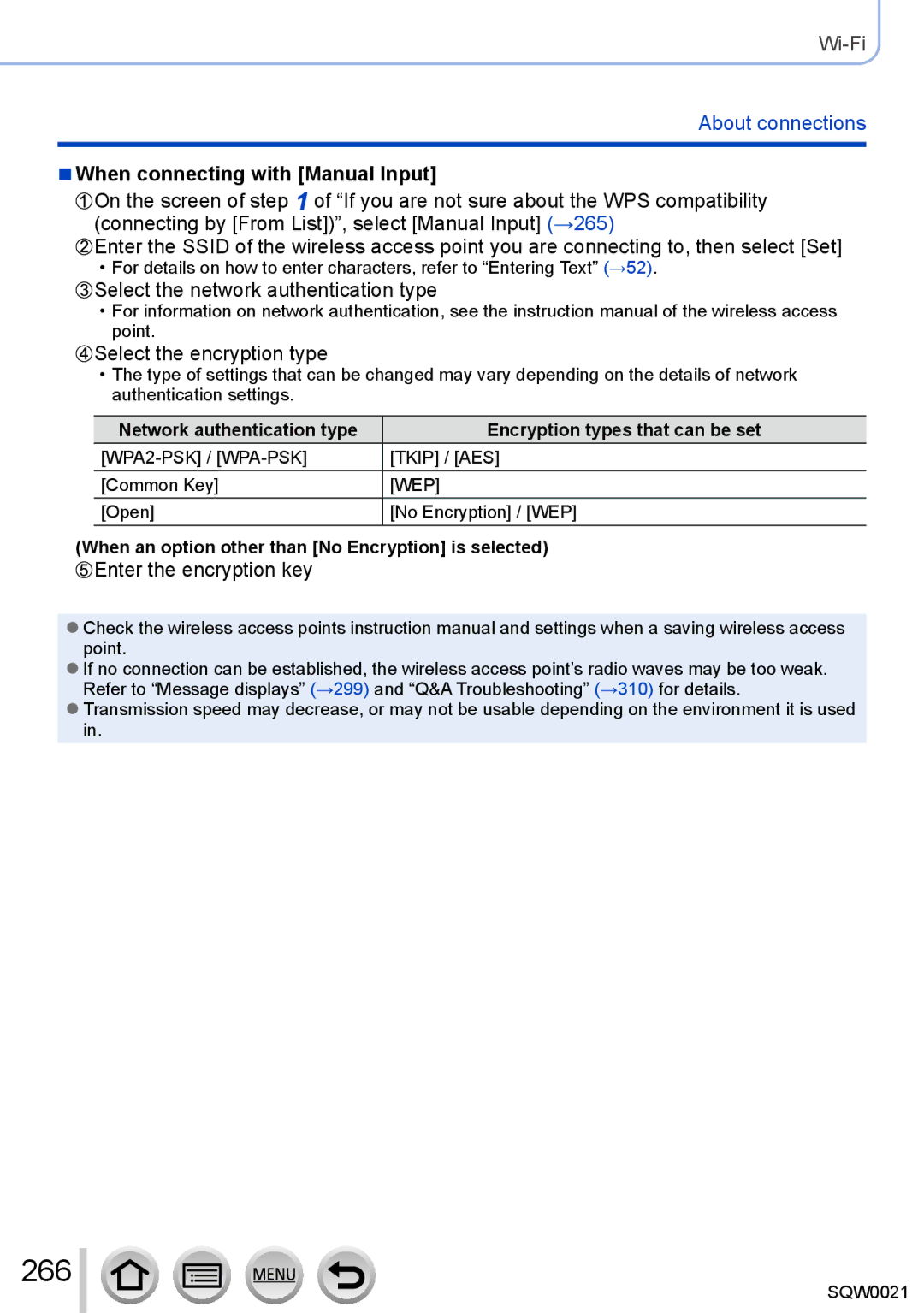 Panasonic DMC-LX100 owner manual 266, When connecting with Manual Input, Enter the encryption key 