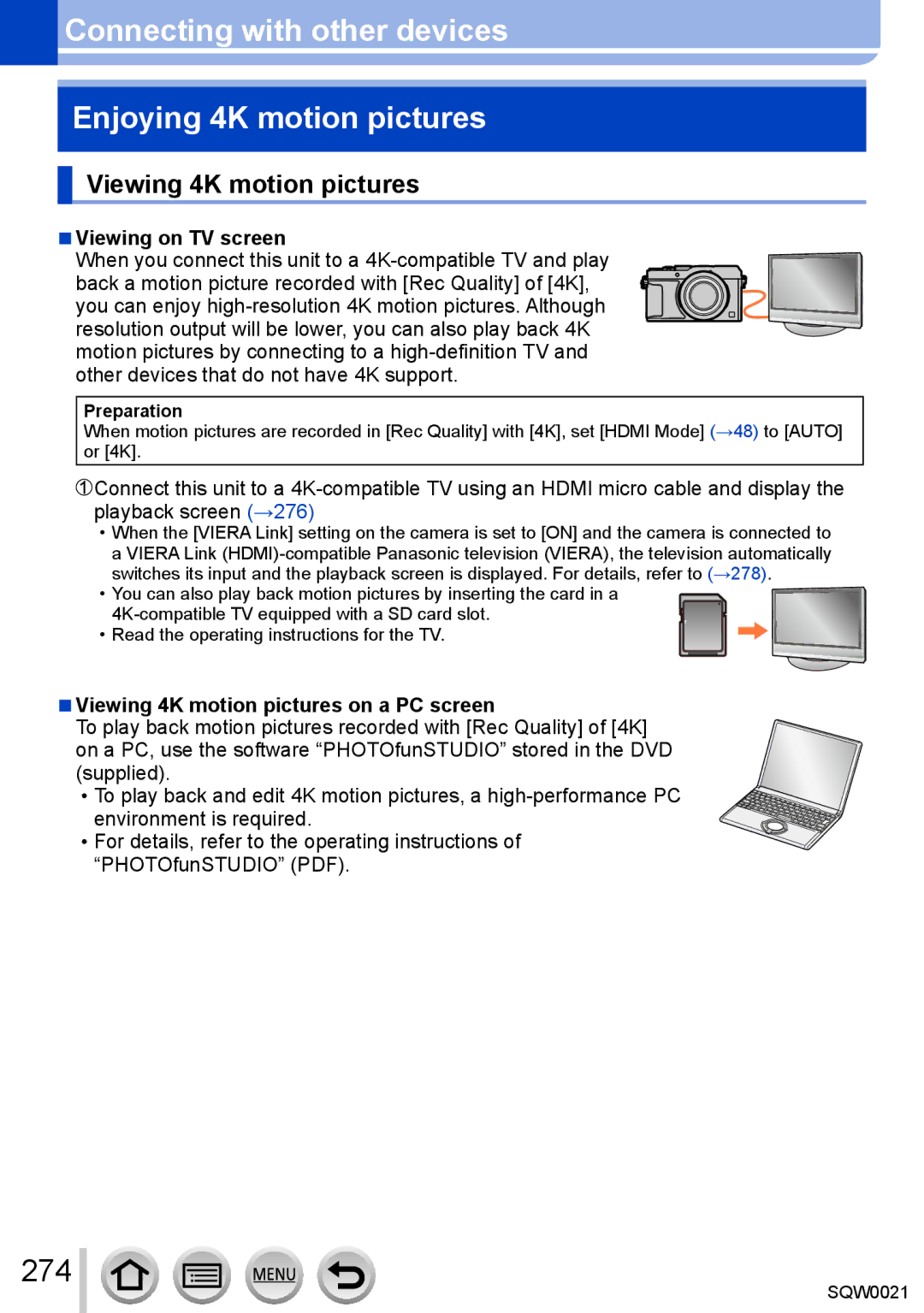 Panasonic DMC-LX100 owner manual Connecting with other devices Enjoying 4K motion pictures, 274, Viewing 4K motion pictures 