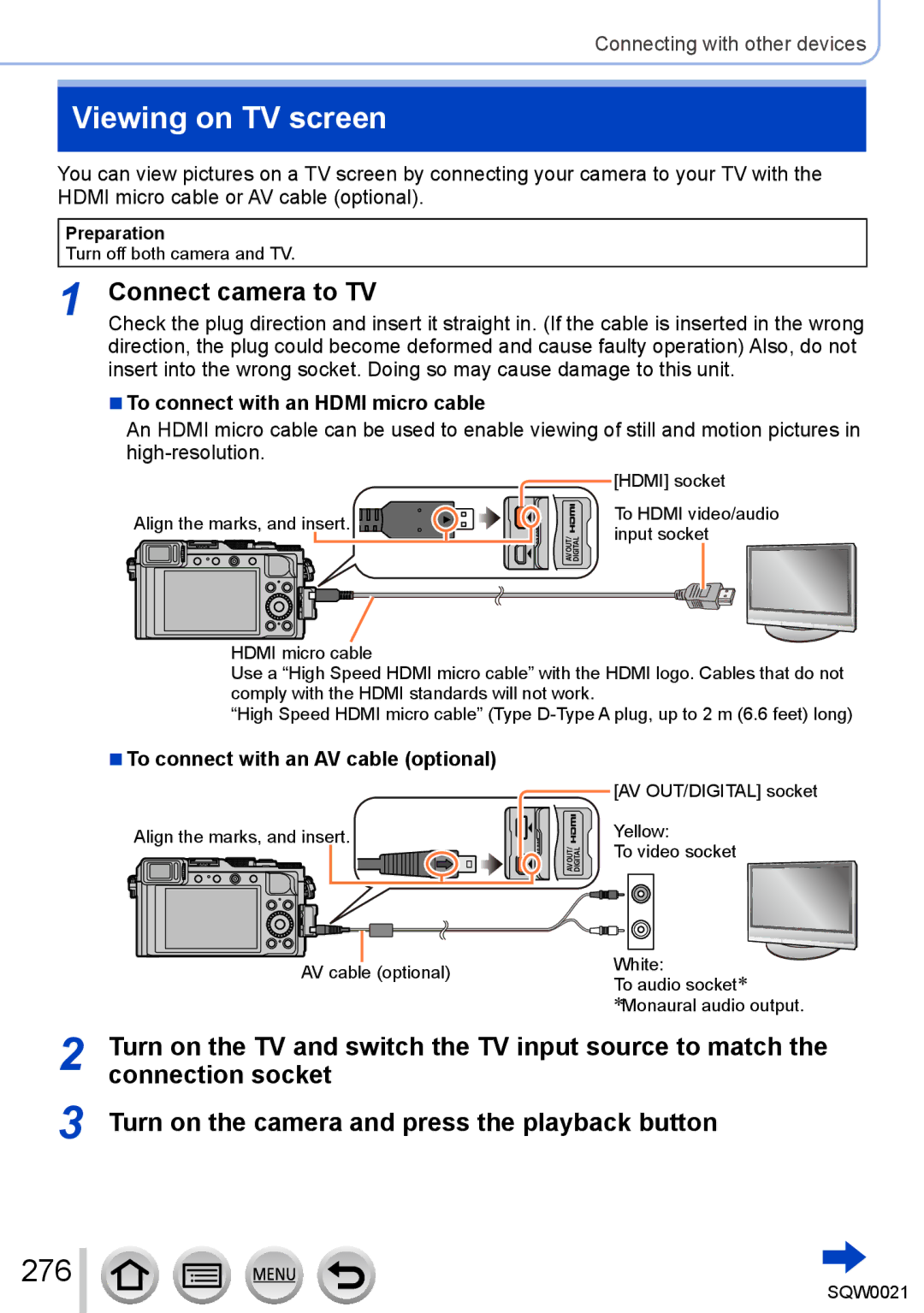 Panasonic DMC-LX100 owner manual Viewing on TV screen, 276, Connect camera to TV, To connect with an Hdmi micro cable 