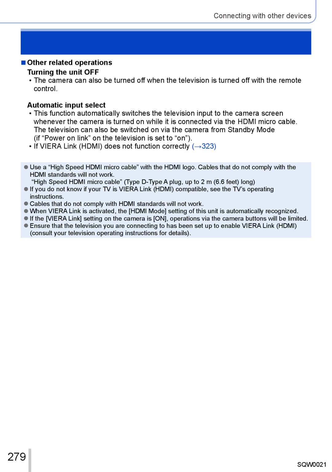 Panasonic DMC-LX100 owner manual 279, Other related operations Turning the unit OFF, Automatic input select 