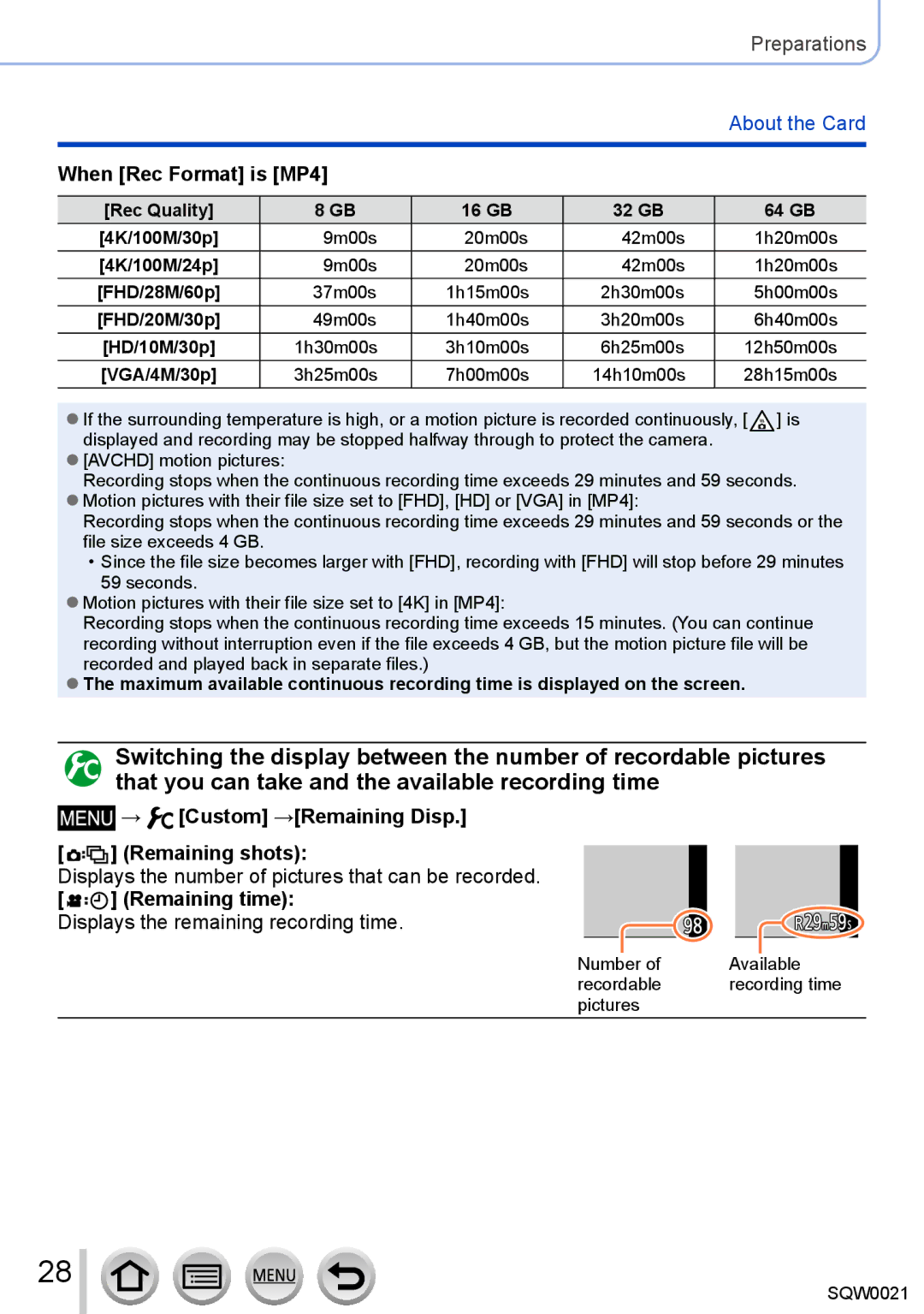 Panasonic DMC-LX100 → Custom →Remaining Disp. Remaining shots, Displays the number of pictures that can be recorded 