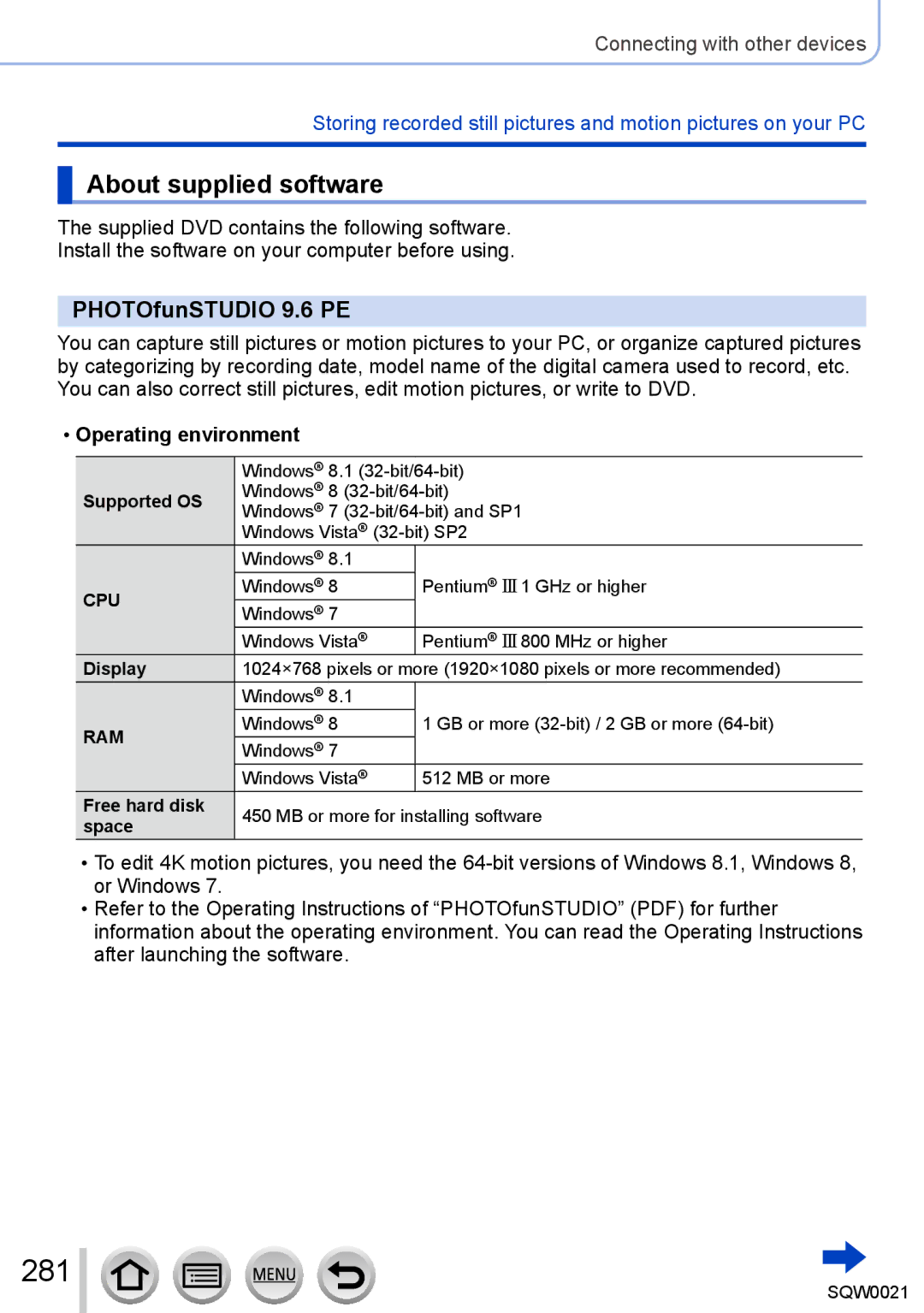 Panasonic DMC-LX100 owner manual 281, About supplied software, PHOTOfunSTUDIO 9.6 PE, Operating environment 