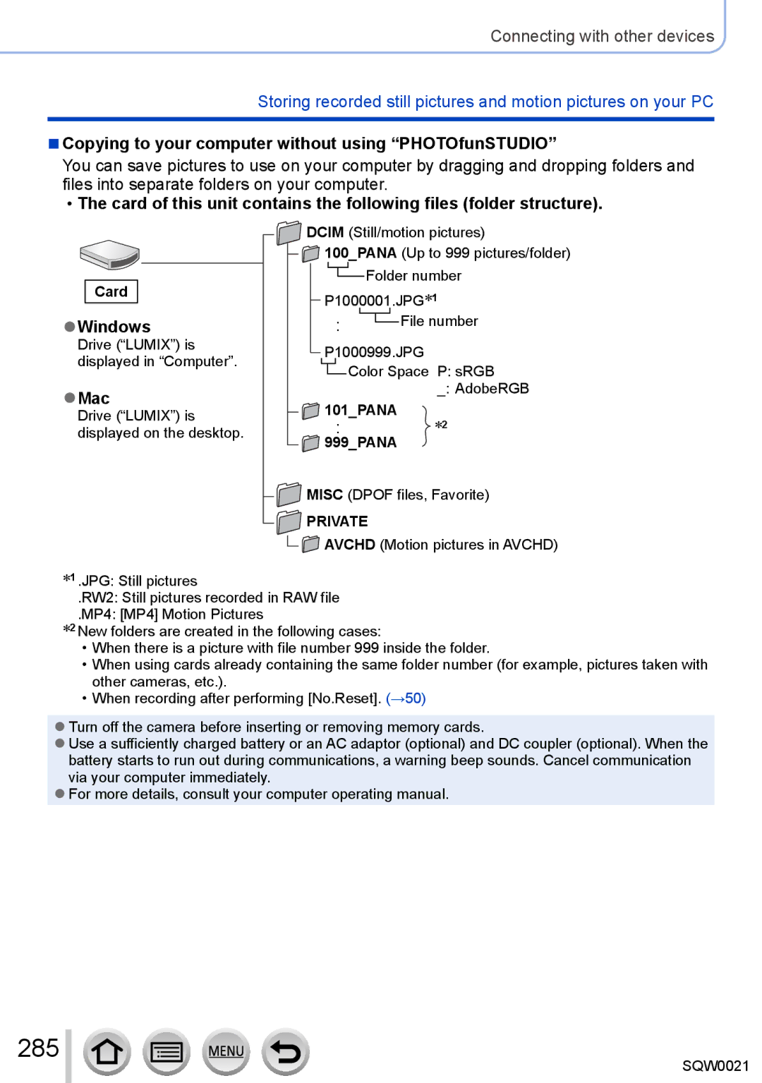 Panasonic DMC-LX100 owner manual 285, Copying to your computer without using PHOTOfunSTUDIO, Windows, Mac, Private 