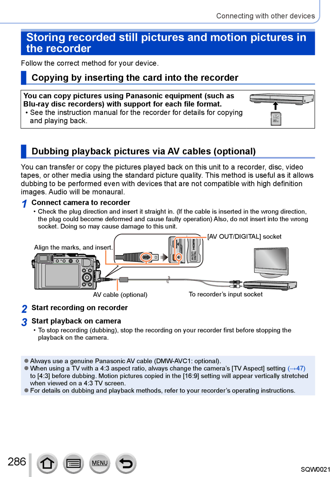 Panasonic DMC-LX100 286, Copying by inserting the card into the recorder, Dubbing playback pictures via AV cables optional 