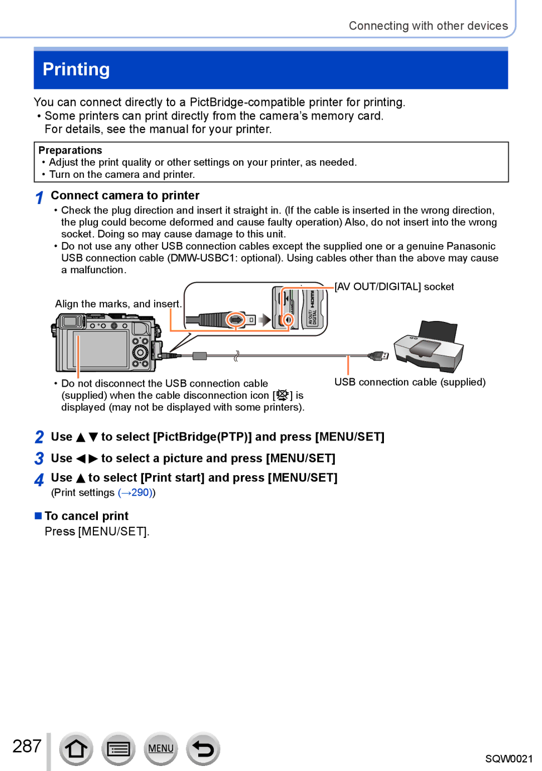 Panasonic DMC-LX100 owner manual Printing, 287, Connect camera to printer, Use to select PictBridgePTP and press MENU/SET 