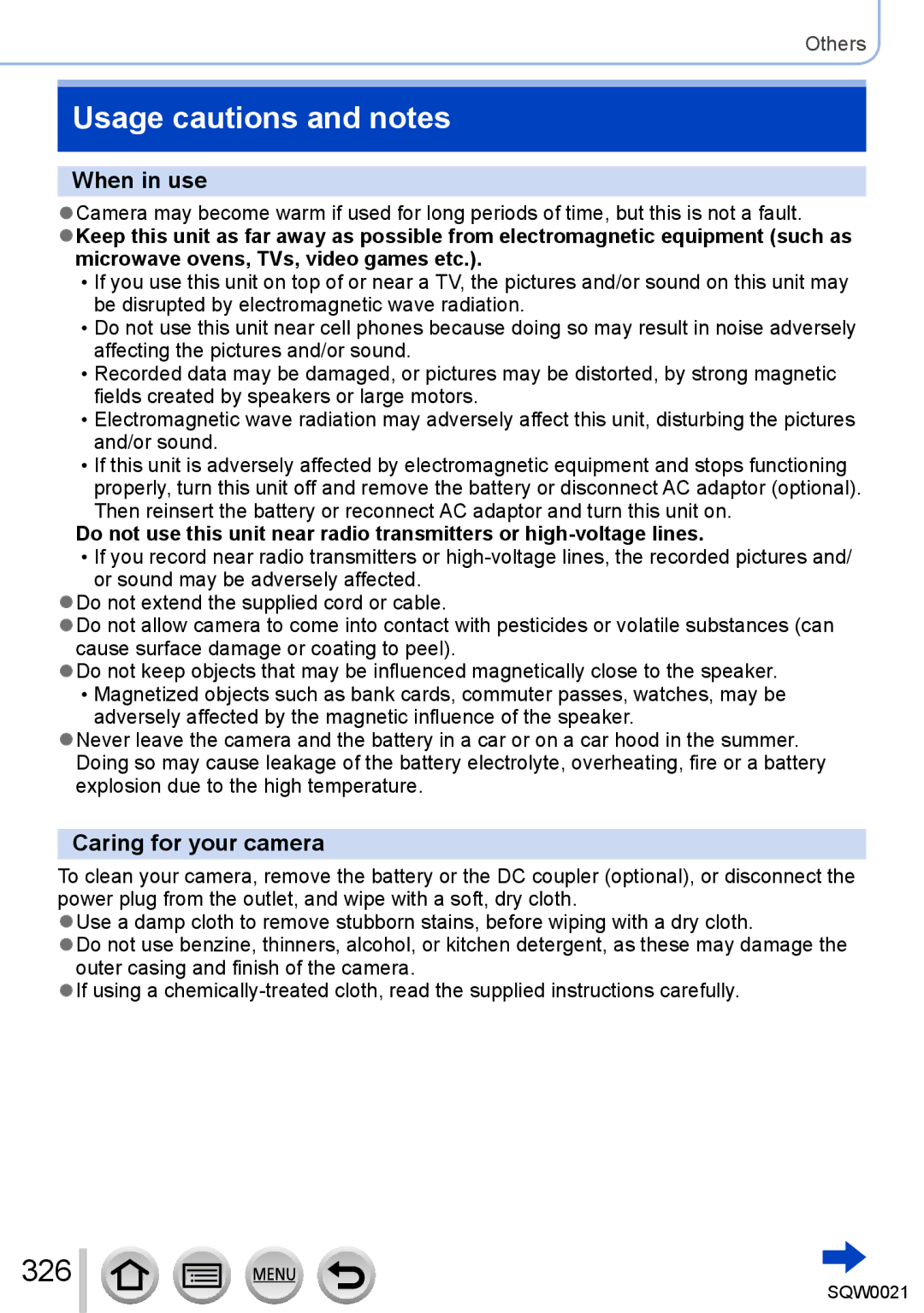 Panasonic DMC-LX100 owner manual Usage cautions and notes, 326, When in use, Caring for your camera 