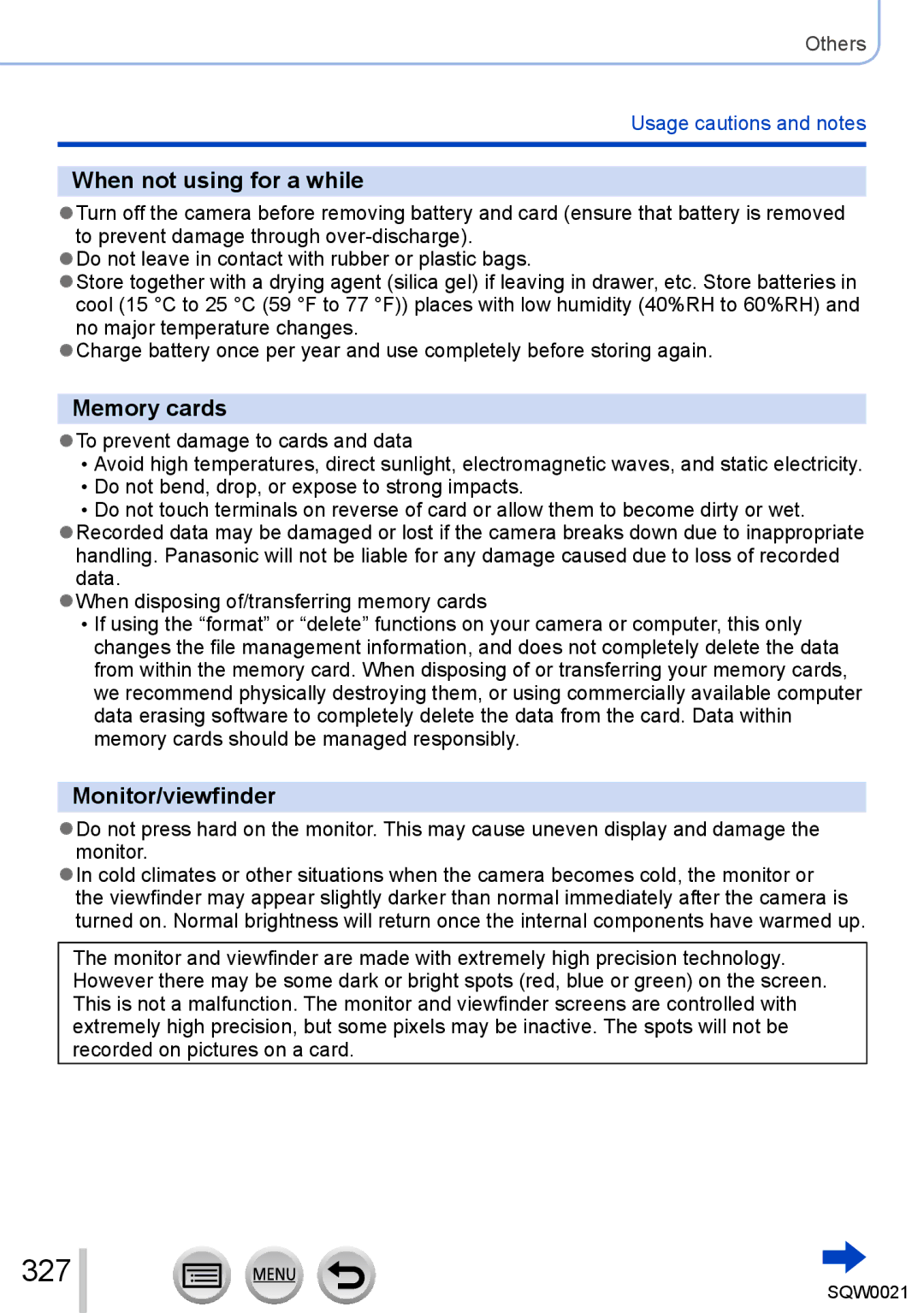 Panasonic DMC-LX100 owner manual 327, When not using for a while, Memory cards, Monitor/viewfinder 