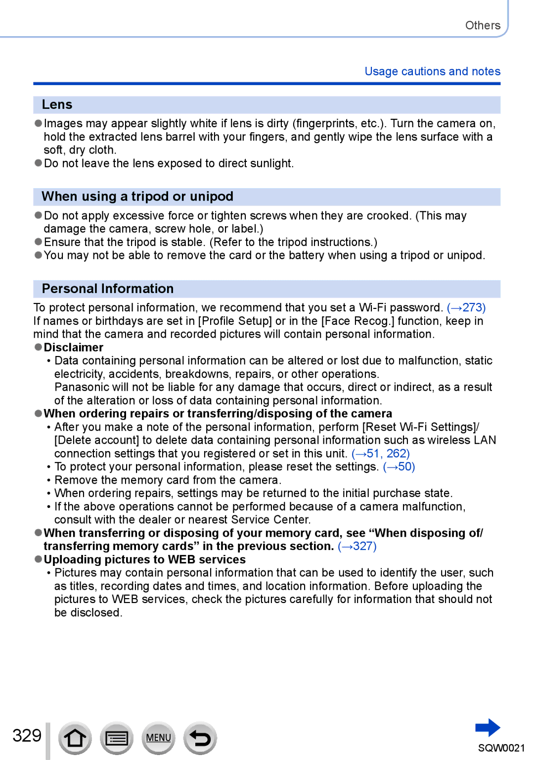 Panasonic DMC-LX100 owner manual 329, Lens, When using a tripod or unipod, Personal Information 