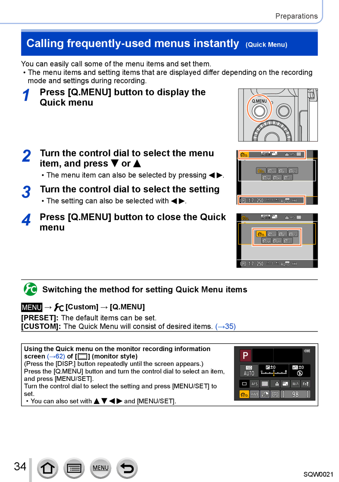 Panasonic DMC-LX100 Calling frequently-used menus instantly Quick Menu, Press Q.MENU button to display, Quick menu 