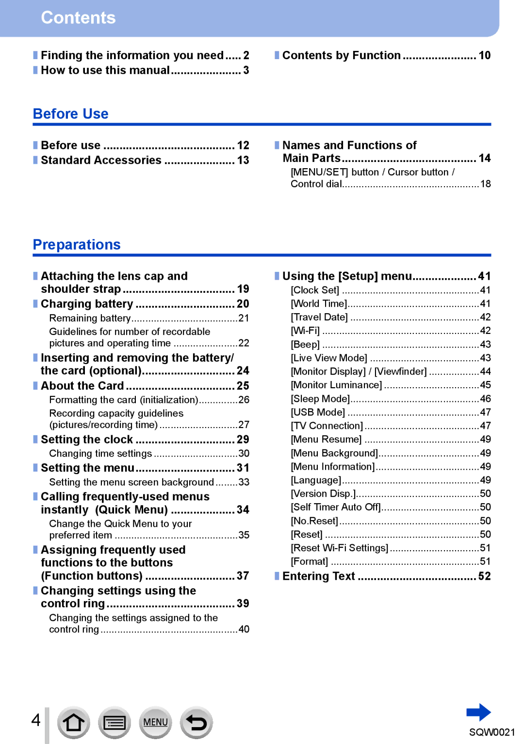 Panasonic DMC-LX100 owner manual Names and Functions, Contents by Function, Using the Setup menu 