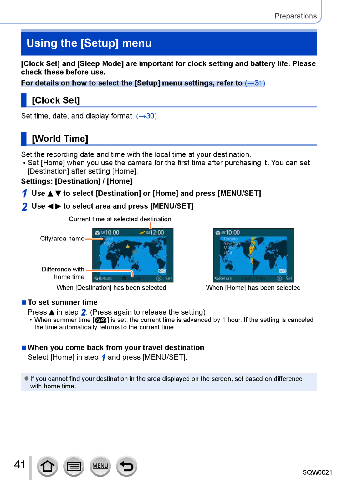 Panasonic DMC-LX100 owner manual Using the Setup menu, Clock Set, World Time, To set summer time 