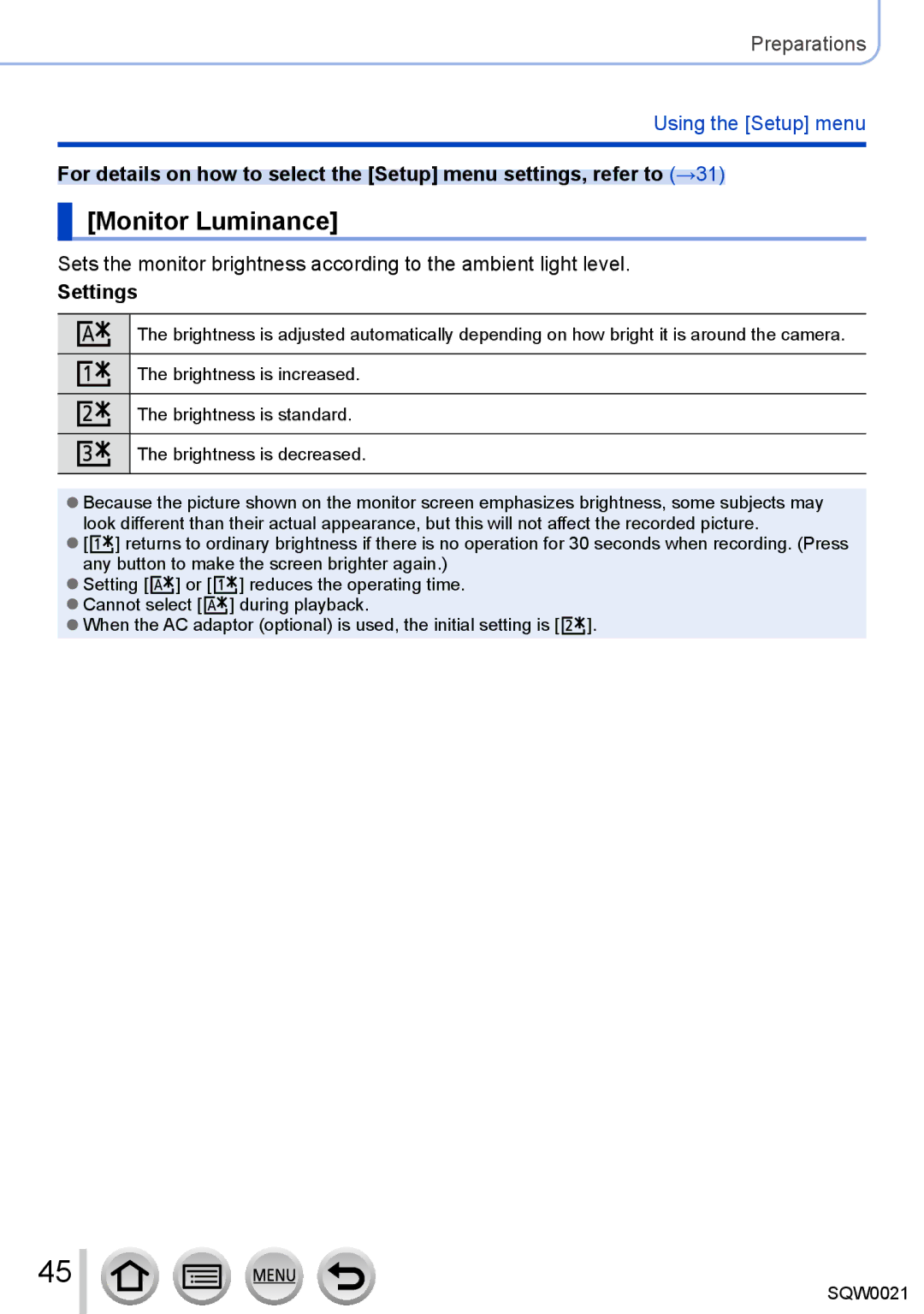 Panasonic DMC-LX100 owner manual Monitor Luminance 