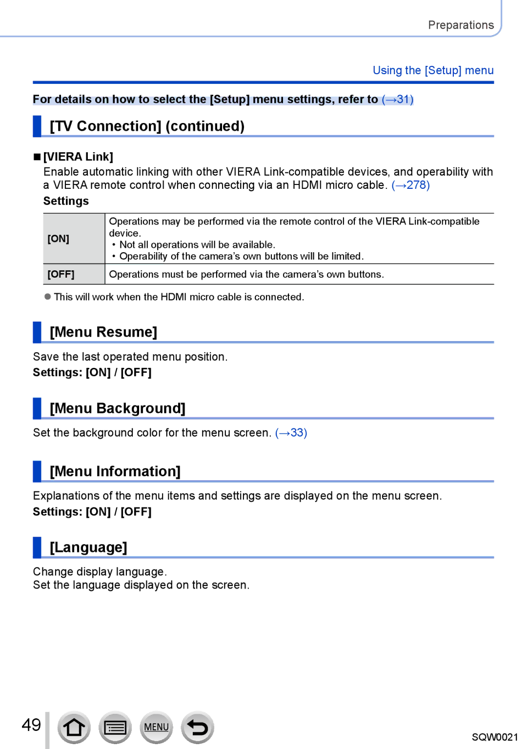 Panasonic DMC-LX100 owner manual Menu Resume, Menu Background, Menu Information, Language 