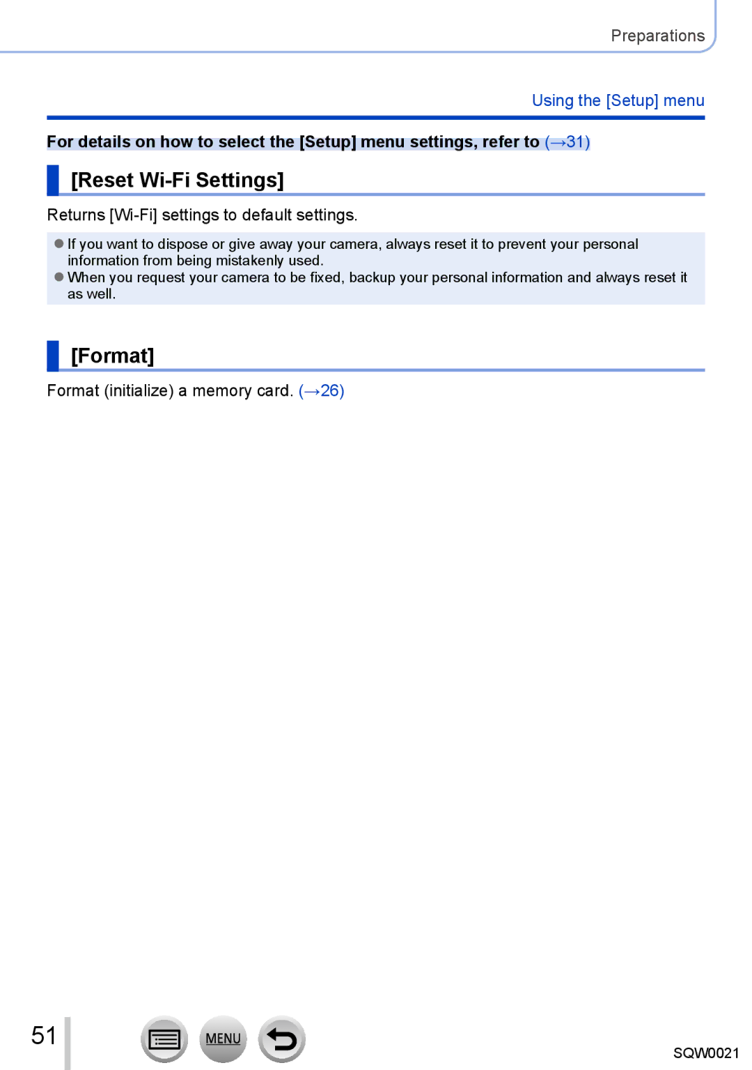 Panasonic DMC-LX100 owner manual Reset Wi-Fi Settings, Format, Returns Wi-Fi settings to default settings 