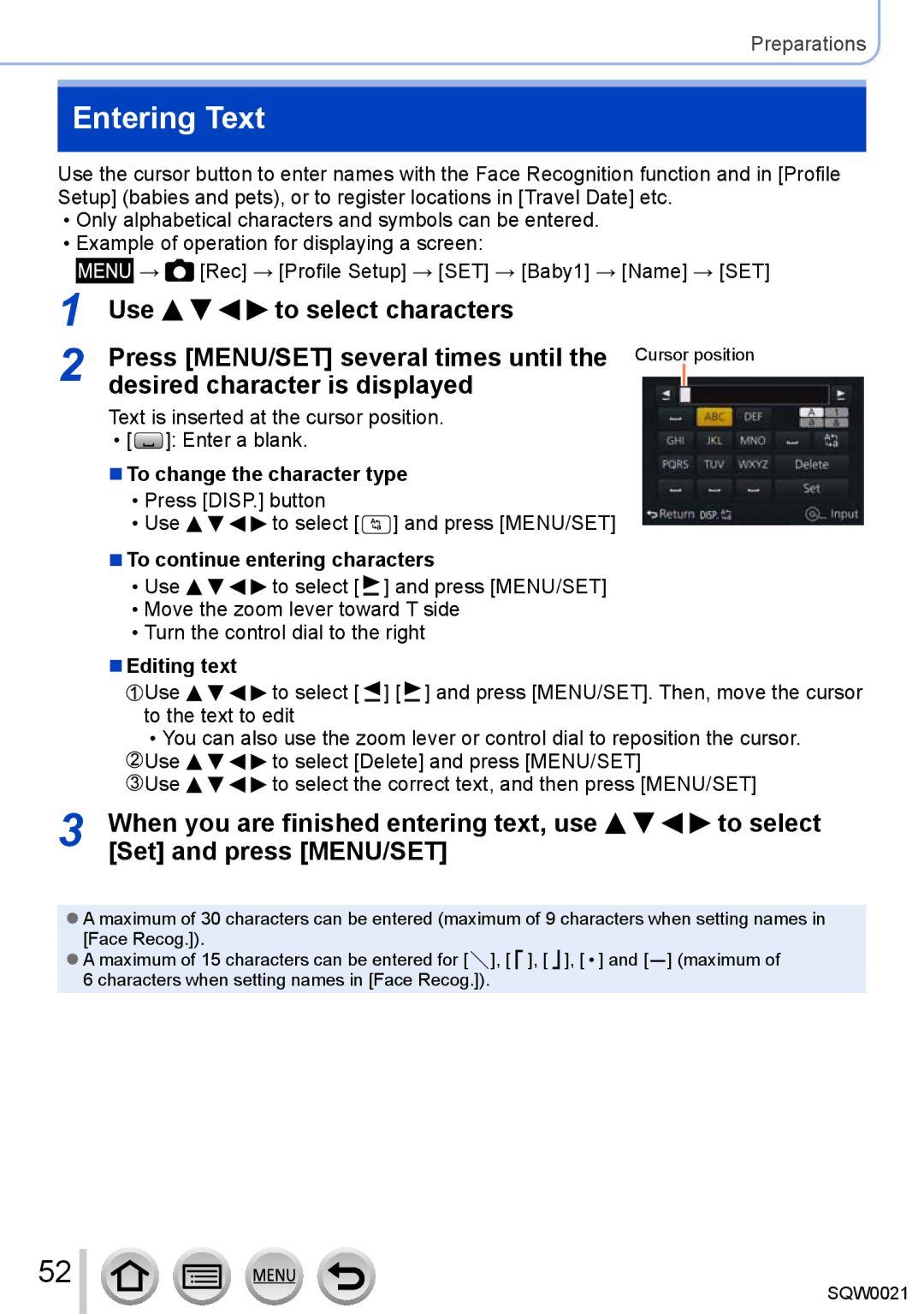 Panasonic DMC-LX100 owner manual Entering Text, To change the character type, To continue entering characters, Editing text 