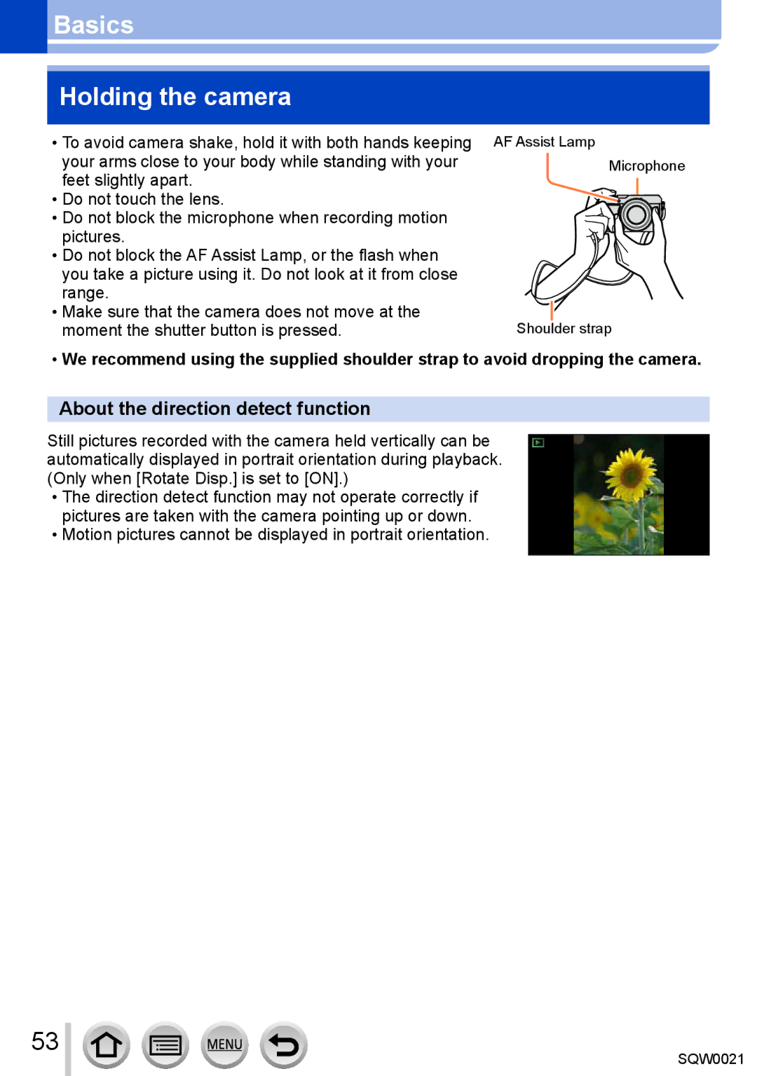 Panasonic DMC-LX100 owner manual Basics Holding the camera, About the direction detect function 