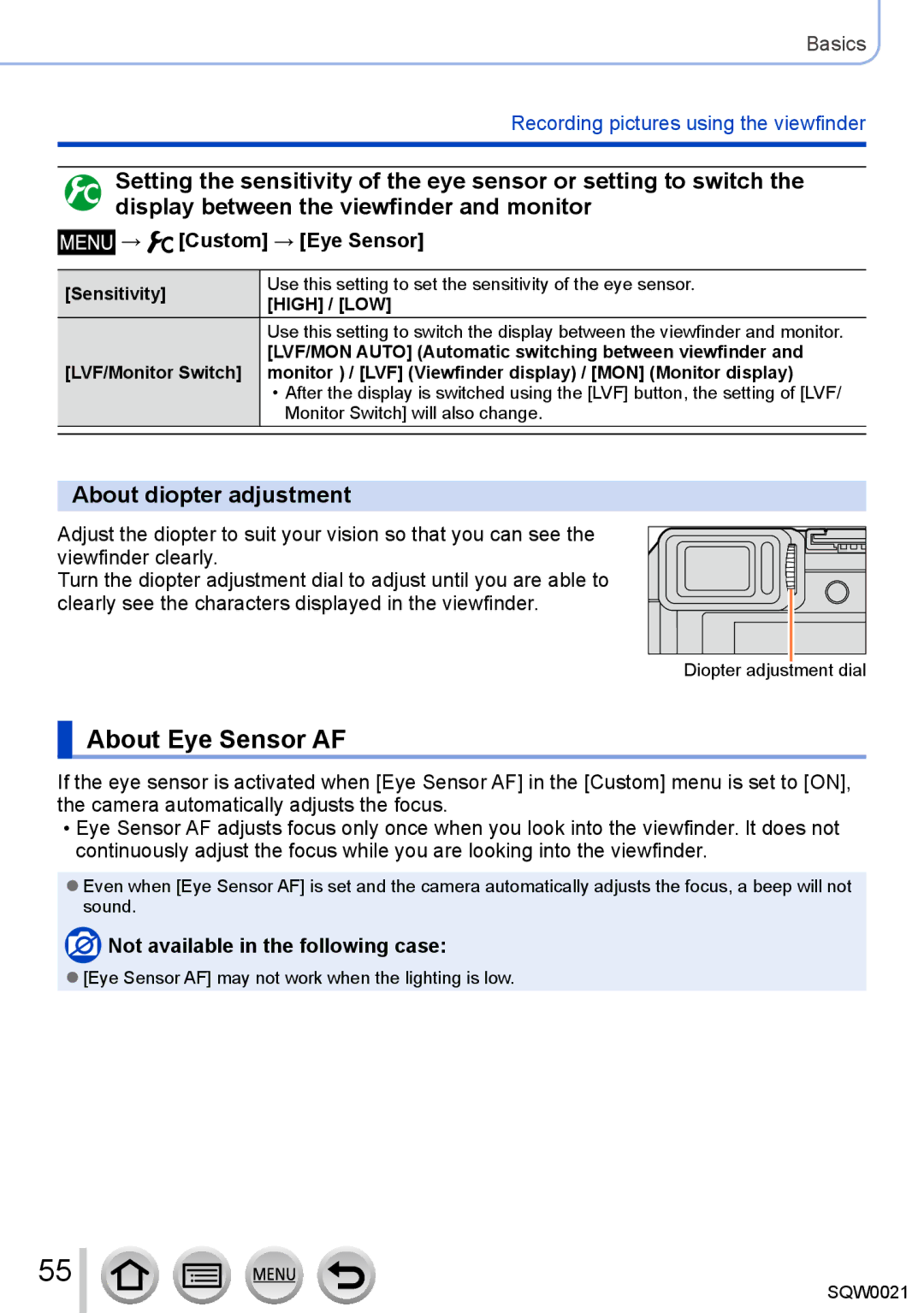 Panasonic DMC-LX100 owner manual About Eye Sensor AF, About diopter adjustment, → Custom → Eye Sensor 