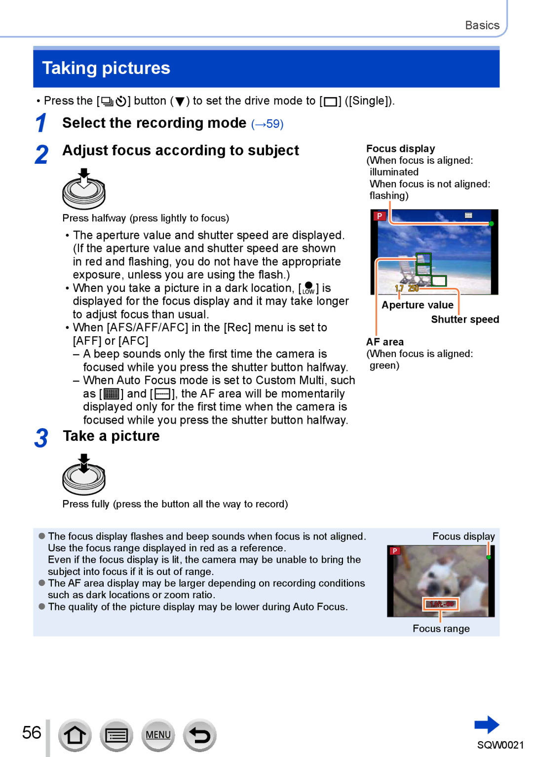 Panasonic DMC-LX100 Taking pictures, Take a picture, Press Button to set the drive mode to Single, Focus display 