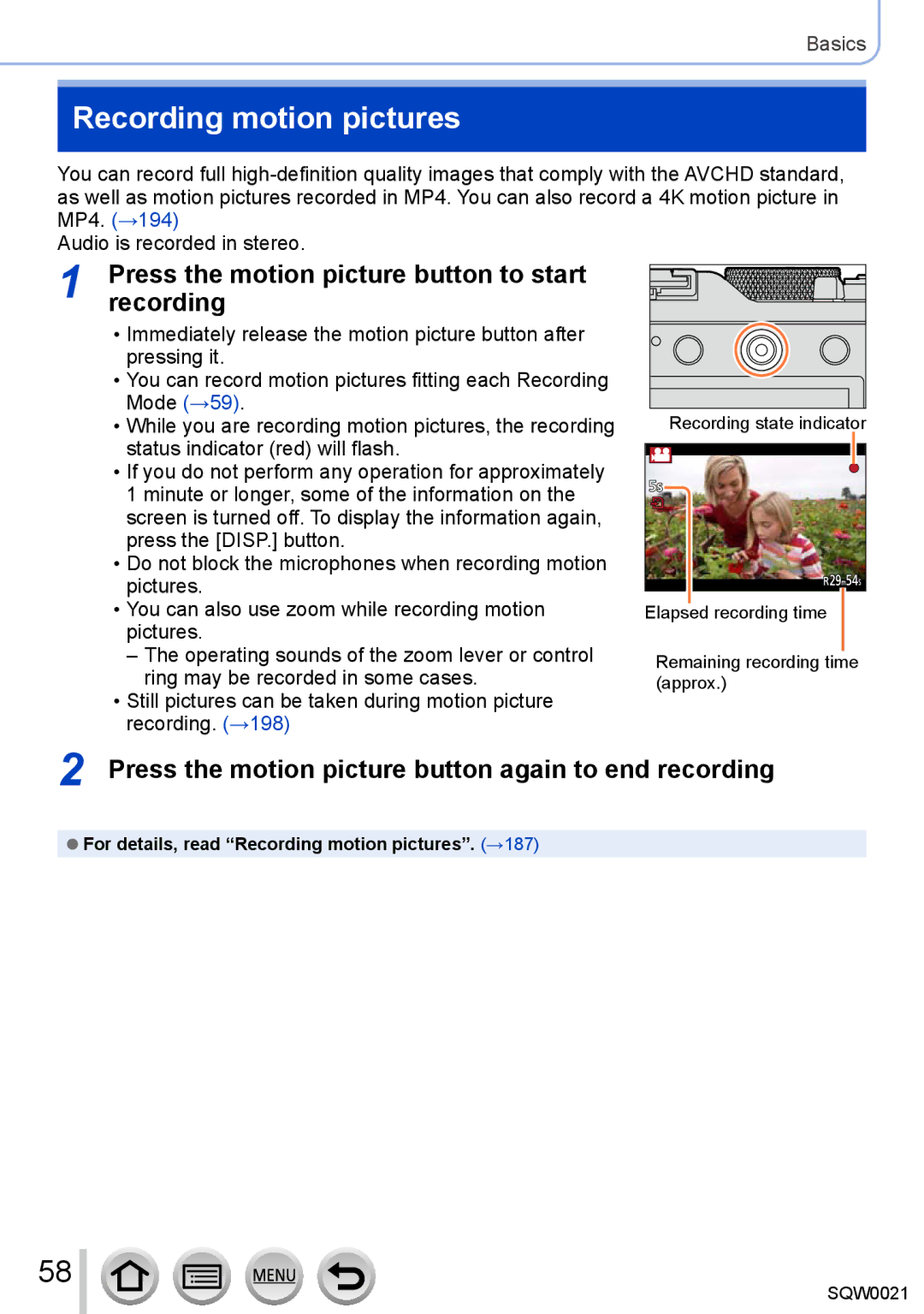 Panasonic DMC-LX100 owner manual Recording motion pictures, Press the motion picture button to start recording 