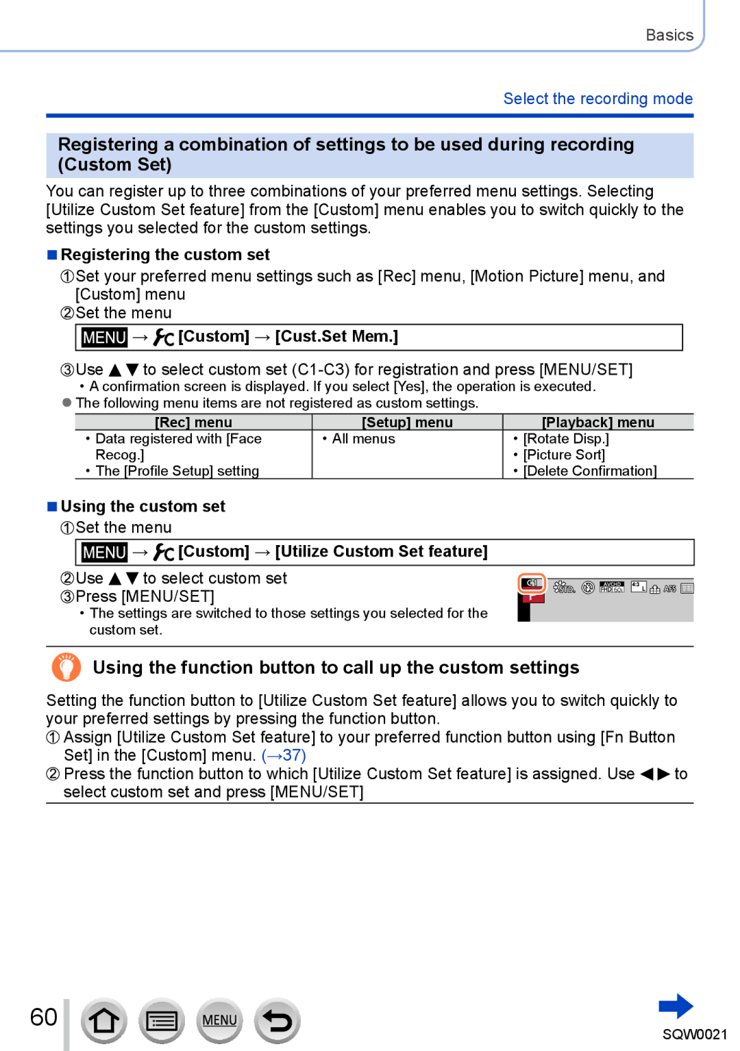 Panasonic DMC-LX100 owner manual Using the function button to call up the custom settings, Registering the custom set 