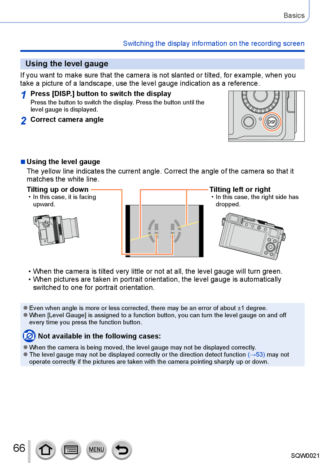 Panasonic DMC-LX100 owner manual Using the level gauge, Press DISP. button to switch the display, Tilting up or down 